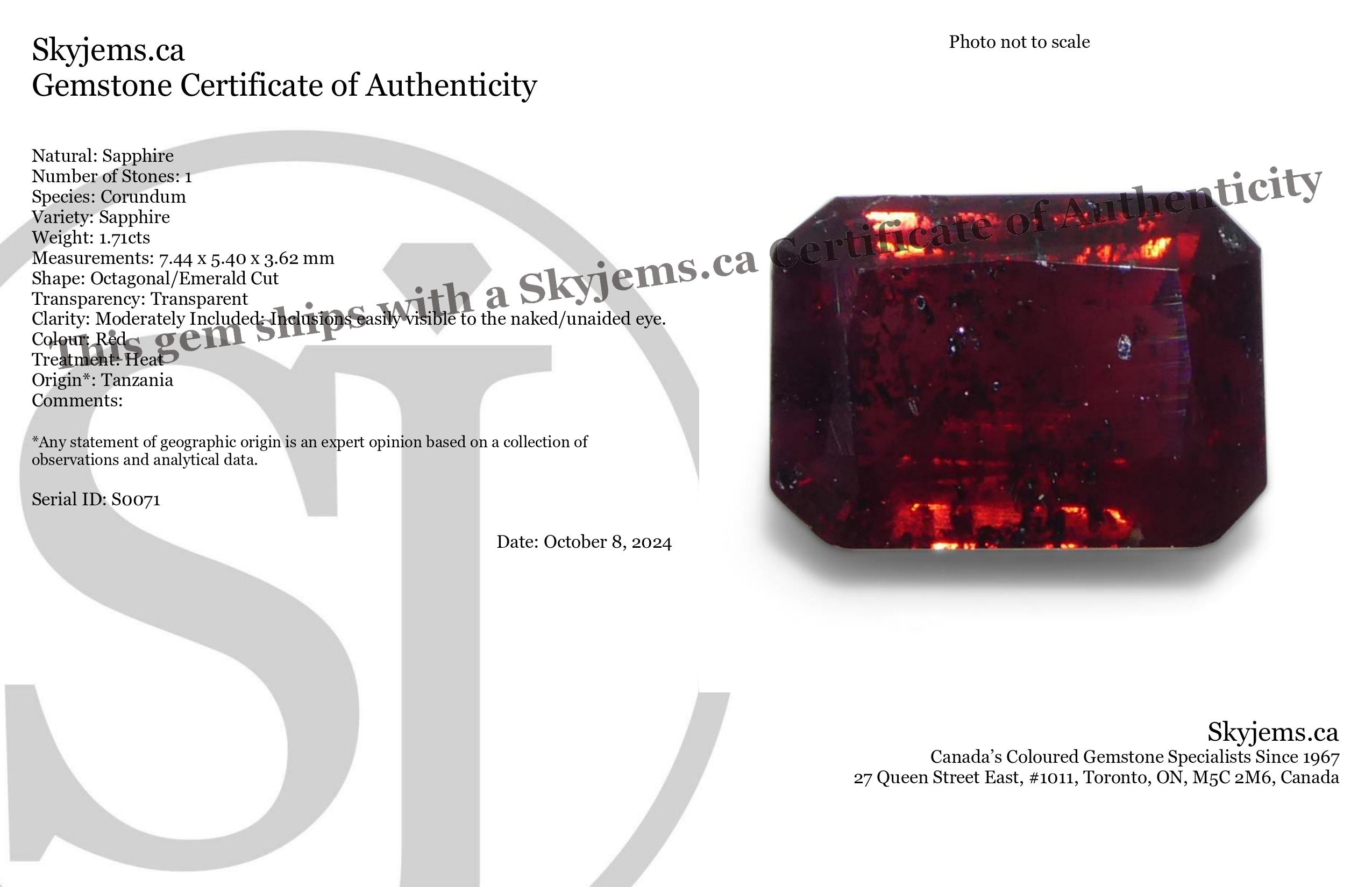 1.71ct Octagonal/Emerald Cut Red Sapphire from Tanzania - Skyjems Wholesale Gemstones