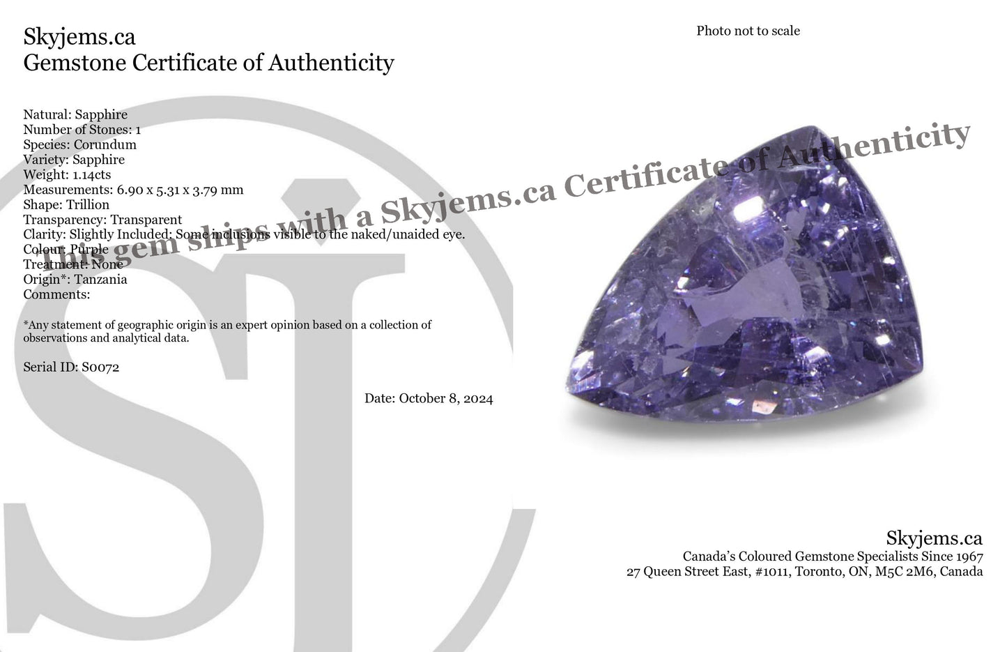 1.14ct Trillion Purple Sapphire from Tanzania, Unheated