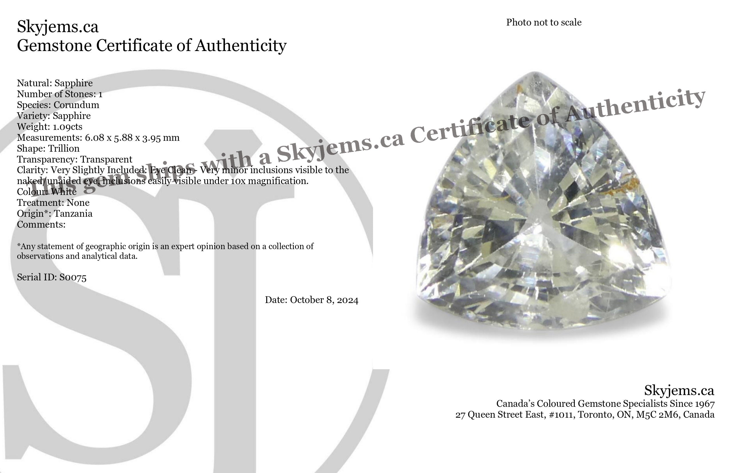 1.09ct Trillion White Sapphire from Tanzania, Unheated - Skyjems Wholesale Gemstones