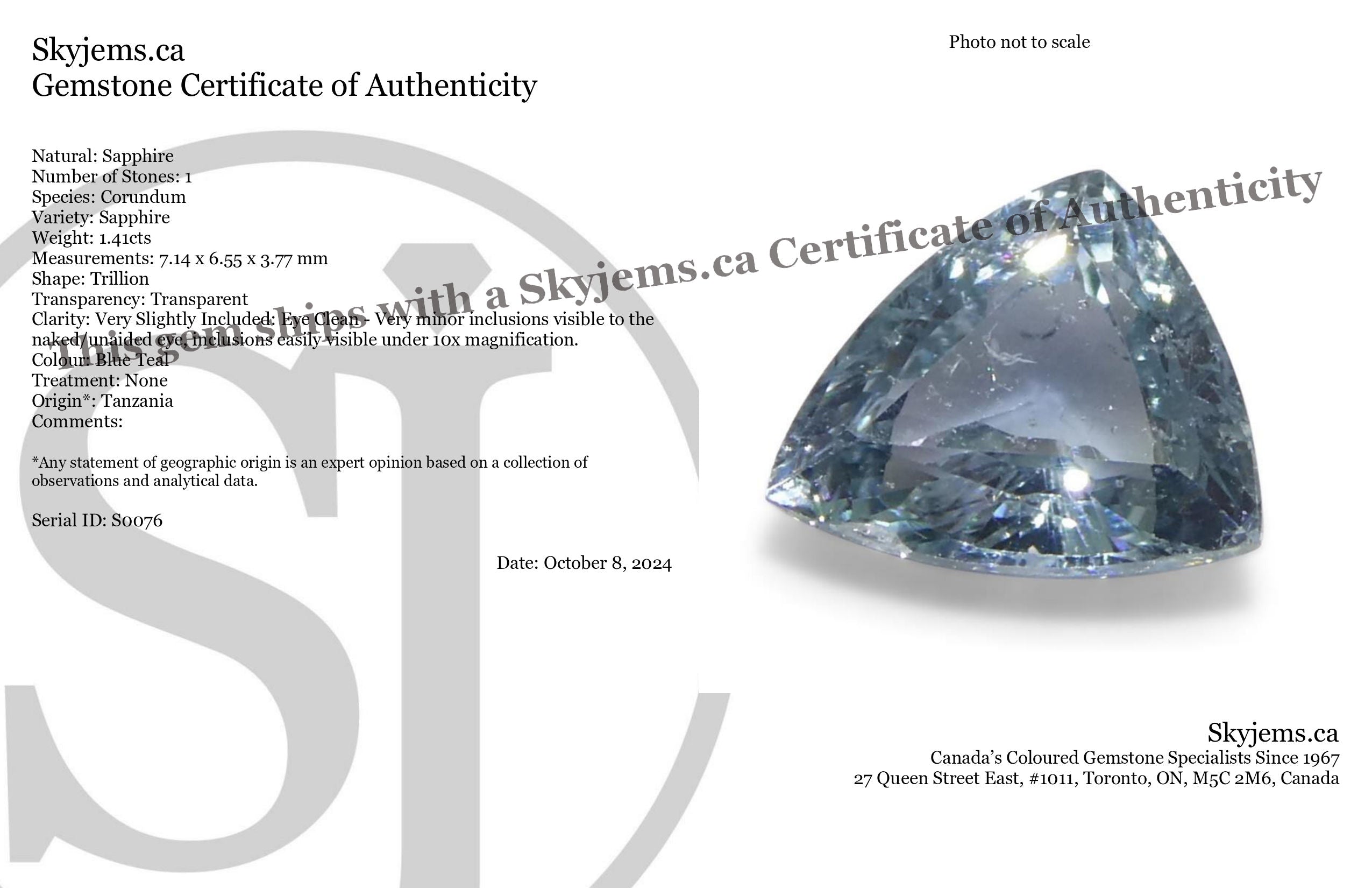 1.41ct Trillion Blue Teal Sapphire from Tanzania, Unheated - Skyjems Wholesale Gemstones