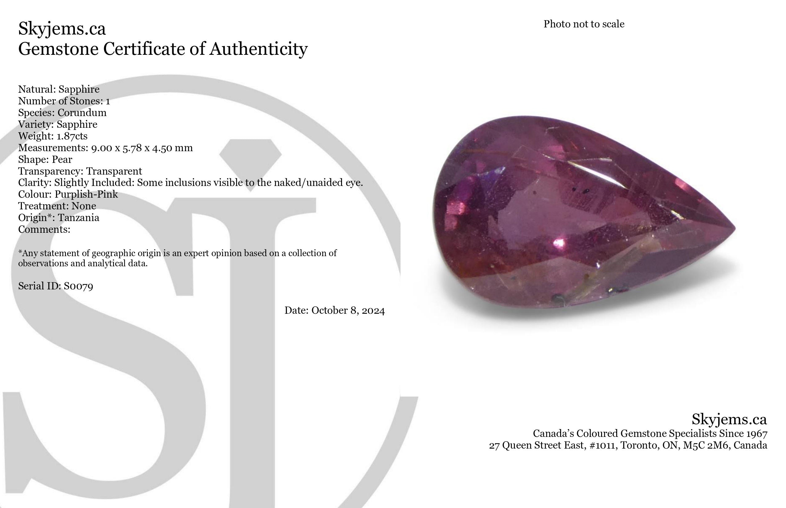 1.87ct Pear Purplish-Pink Sapphire from Tanzania, Unheated - Skyjems Wholesale Gemstones