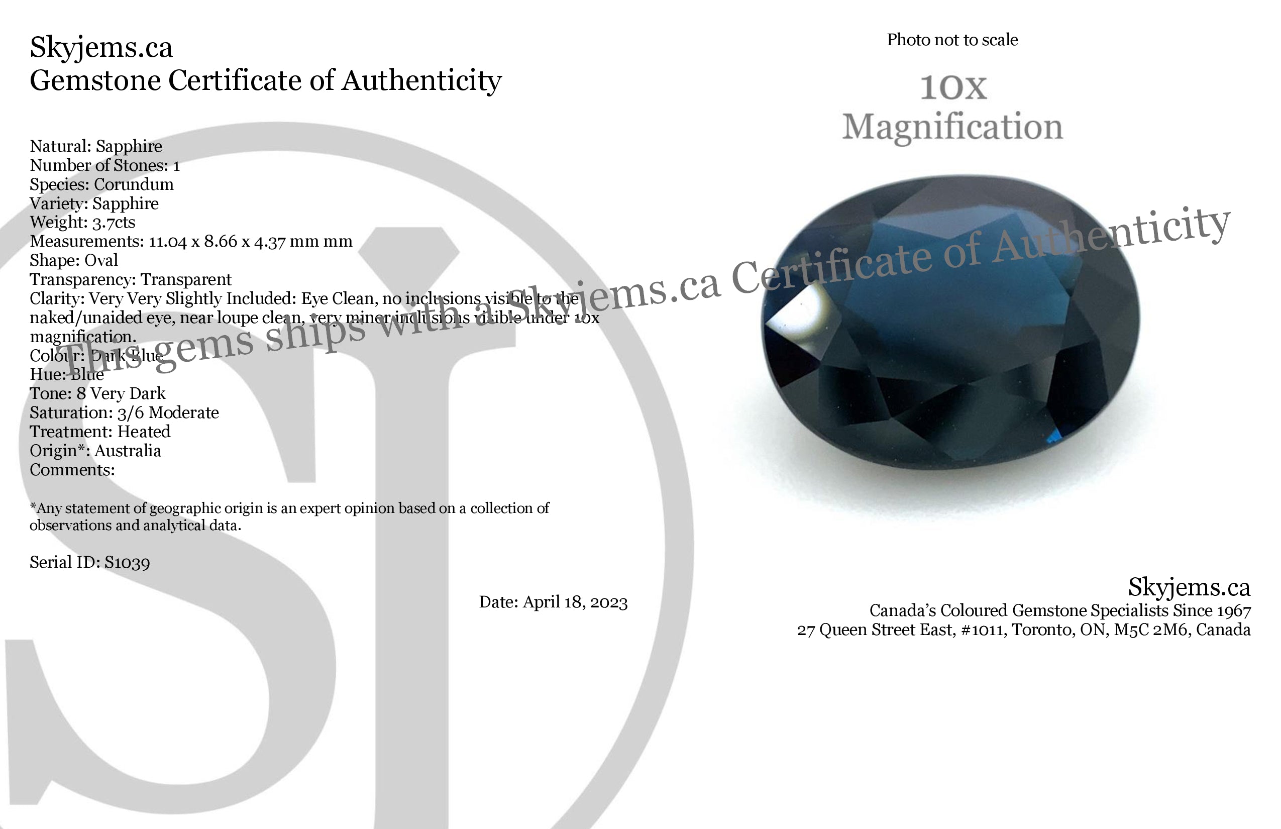 3.7ct Dark Blue Australian Sapphire Oval Cut Gemstone by SkyJems Fine Colored Gems Canada