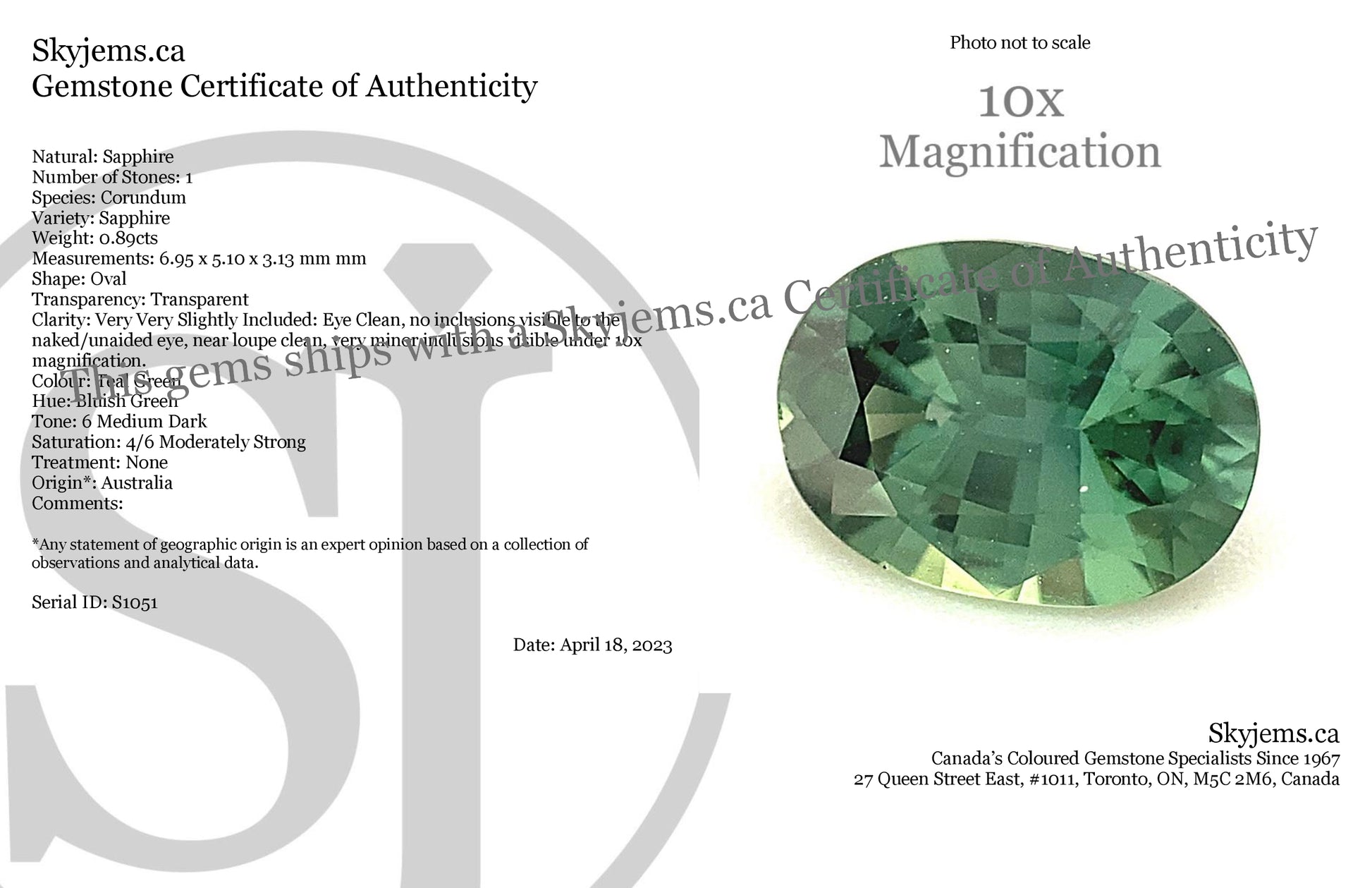 0.89ct Oval Teal Green Sapphire from Australia Unheated - Skyjems Wholesale Gemstones