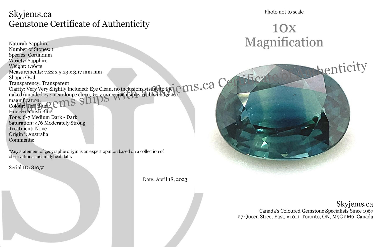 1.16ct Oval Teal Blue Sapphire from Australia Unheated - Skyjems Wholesale Gemstones