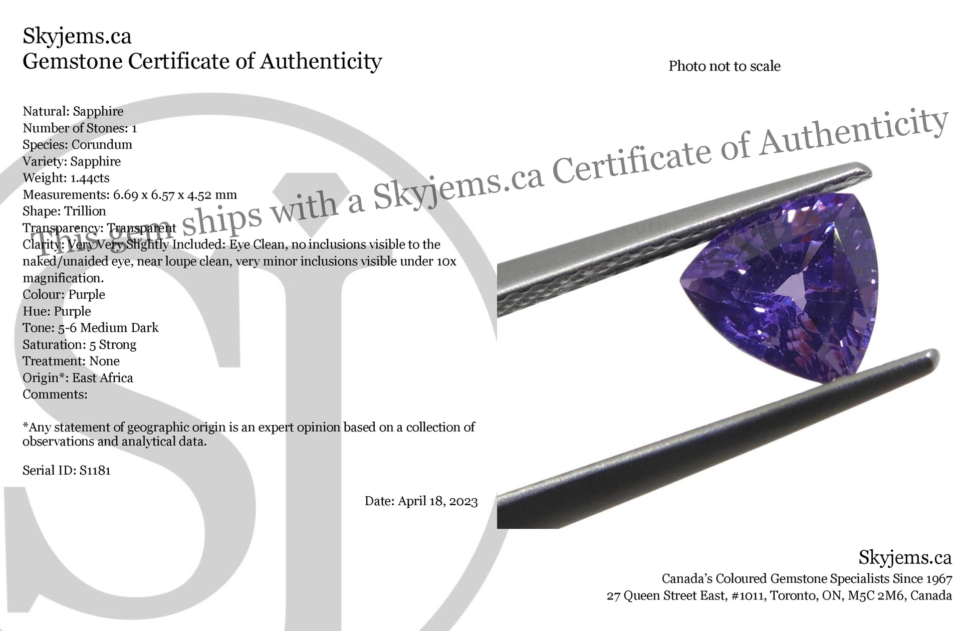 1.44ct Trillion Purple Sapphire from East Africa, Unheated - Skyjems Wholesale Gemstones