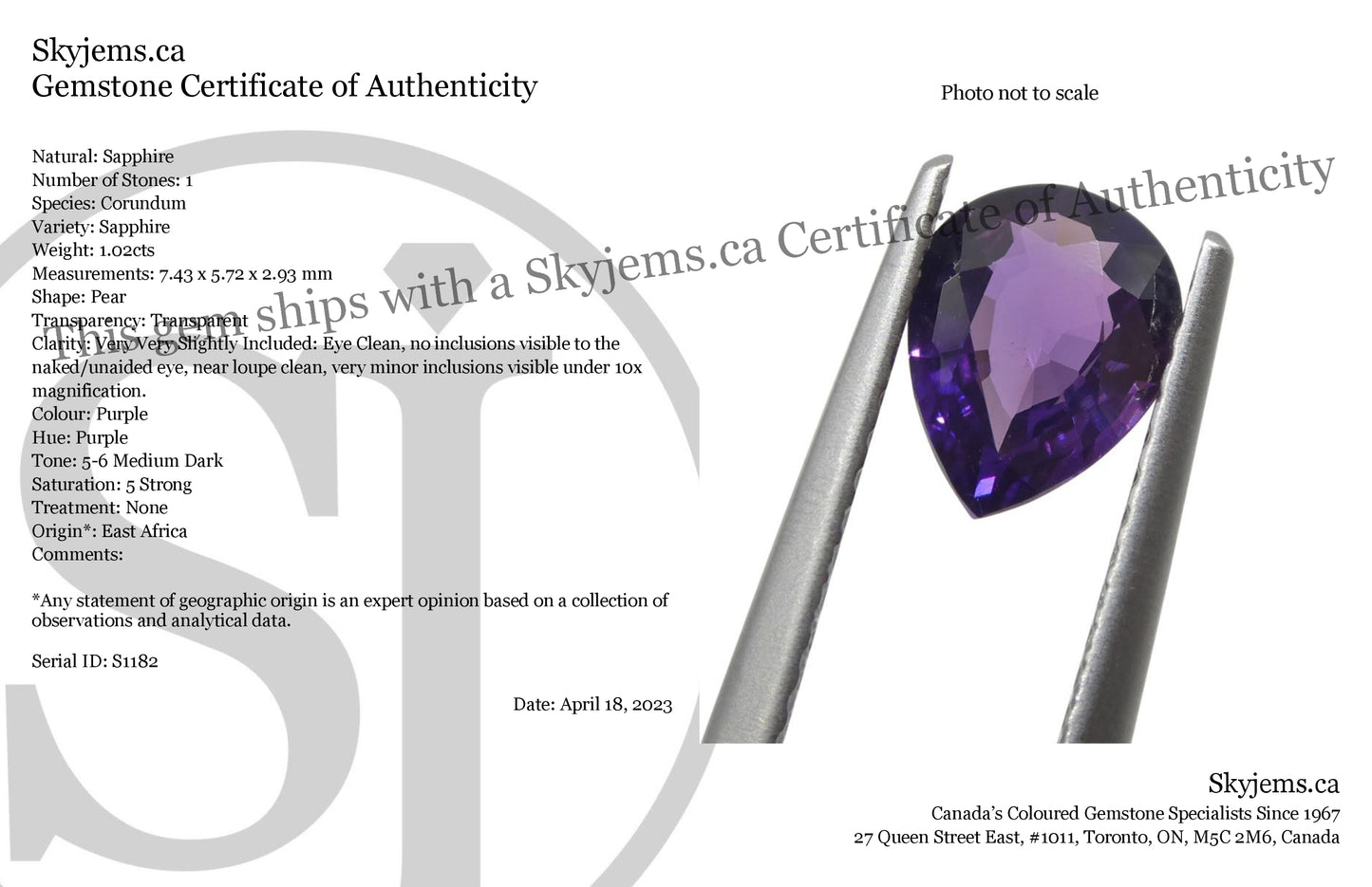 1.02ct Pear Purple Sapphire from East Africa, Unheated - Skyjems Wholesale Gemstones