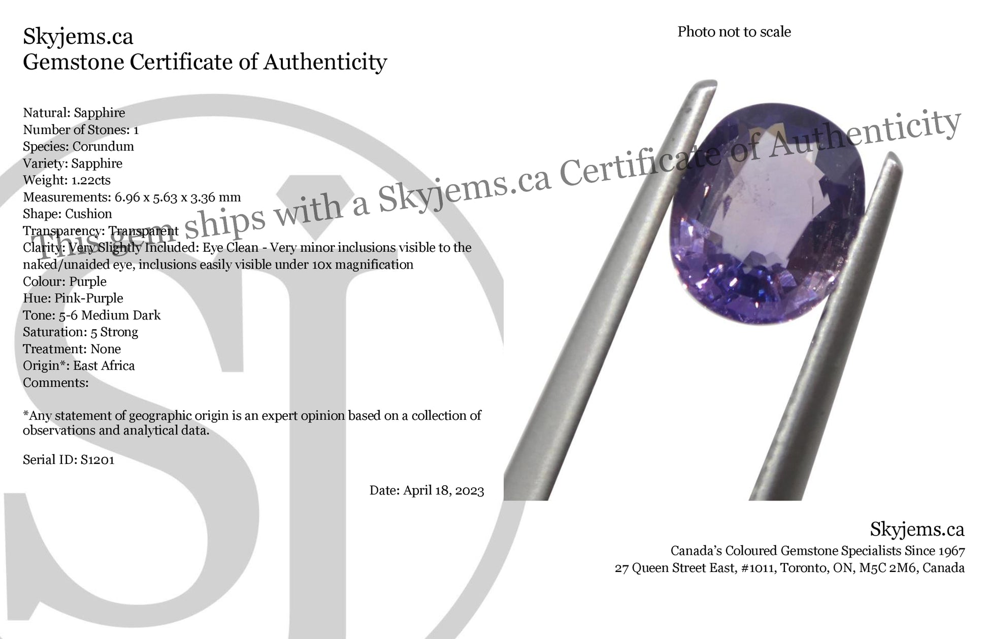 1.22ct Cushion Purple Sapphire from East Africa, Unheated - Skyjems Wholesale Gemstones