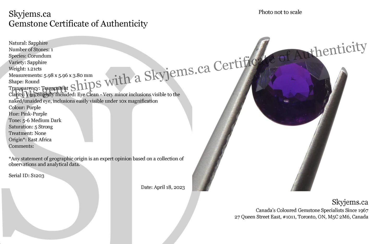 1.21ct Round Purple Sapphire from East Africa, Unheated - Skyjems Wholesale Gemstones