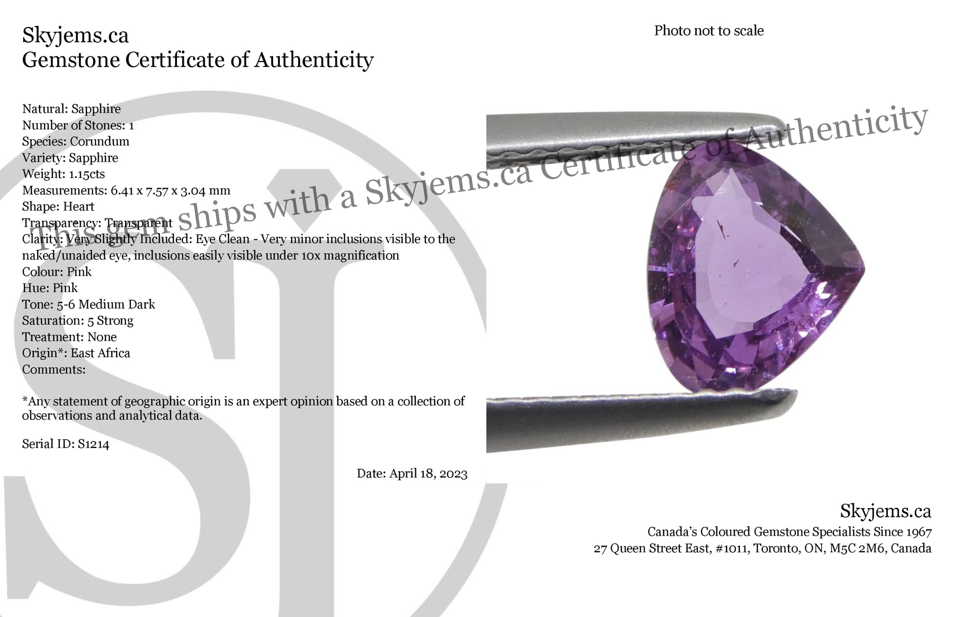 1.15ct Heart Pink Sapphire from East Africa, Unheated - Skyjems Wholesale Gemstones