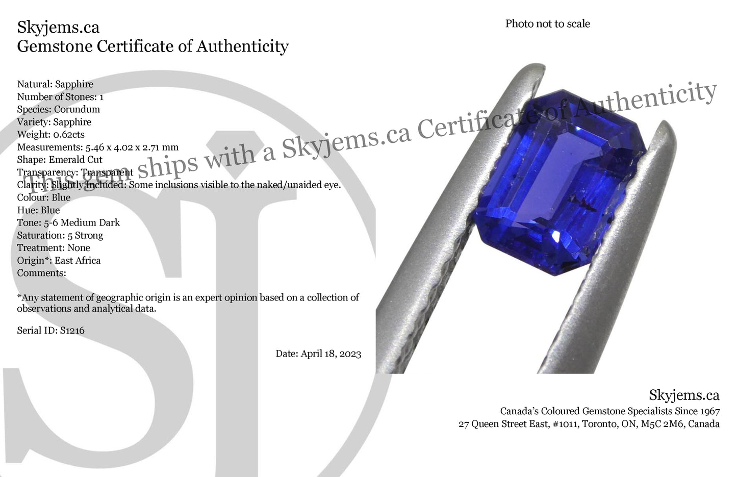 0.62ct Emerald Cut Blue Sapphire from East Africa, Unheated - Skyjems Wholesale Gemstones