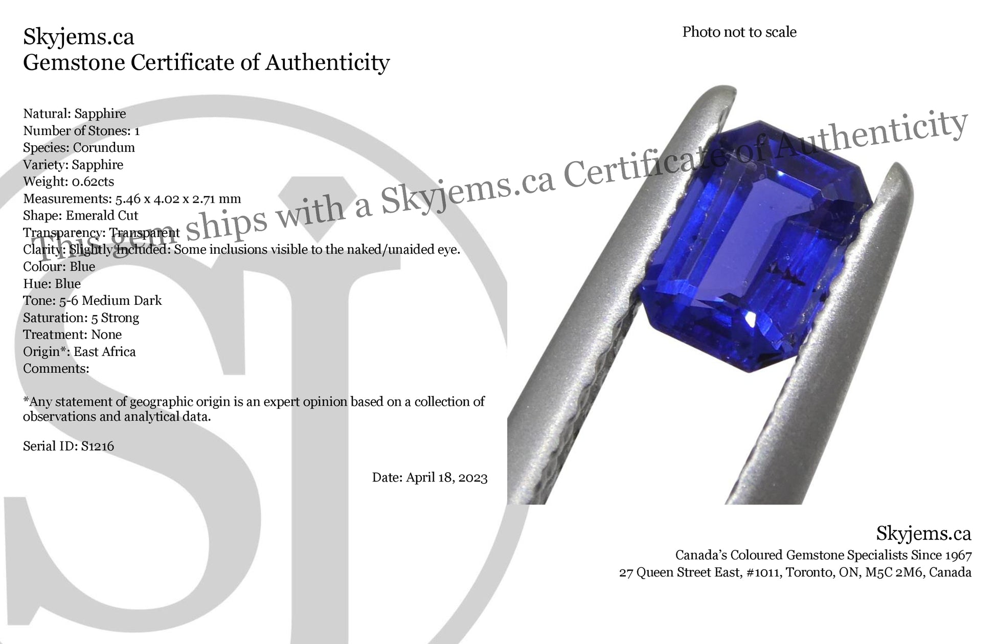 0.62ct Emerald Cut Blue Sapphire from East Africa, Unheated - Skyjems Wholesale Gemstones