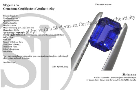 0.62ct Emerald Cut Blue Sapphire from East Africa, Unheated