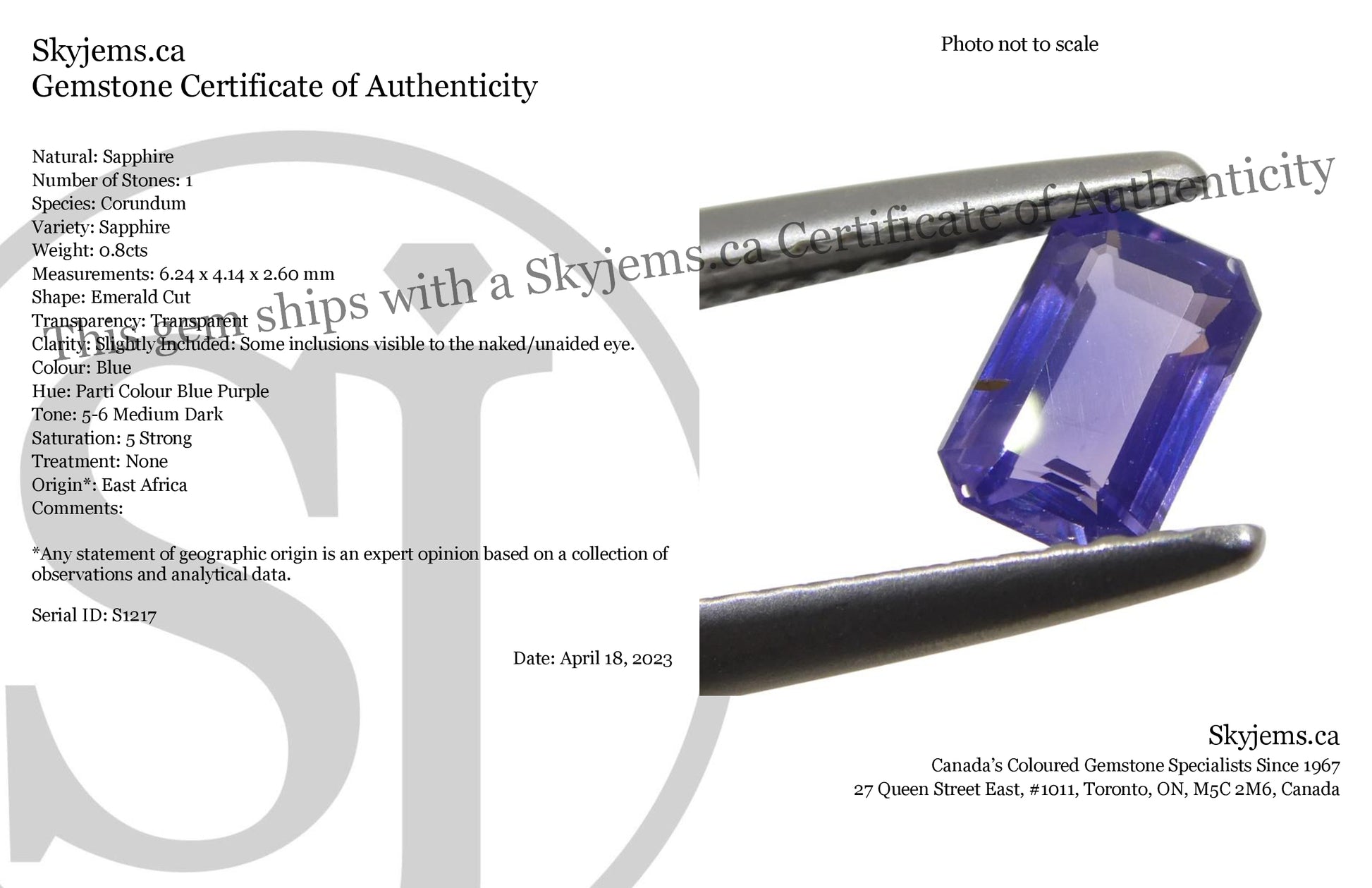 0.8ct Emerald Cut Blue Sapphire from East Africa, Unheated - Skyjems Wholesale Gemstones