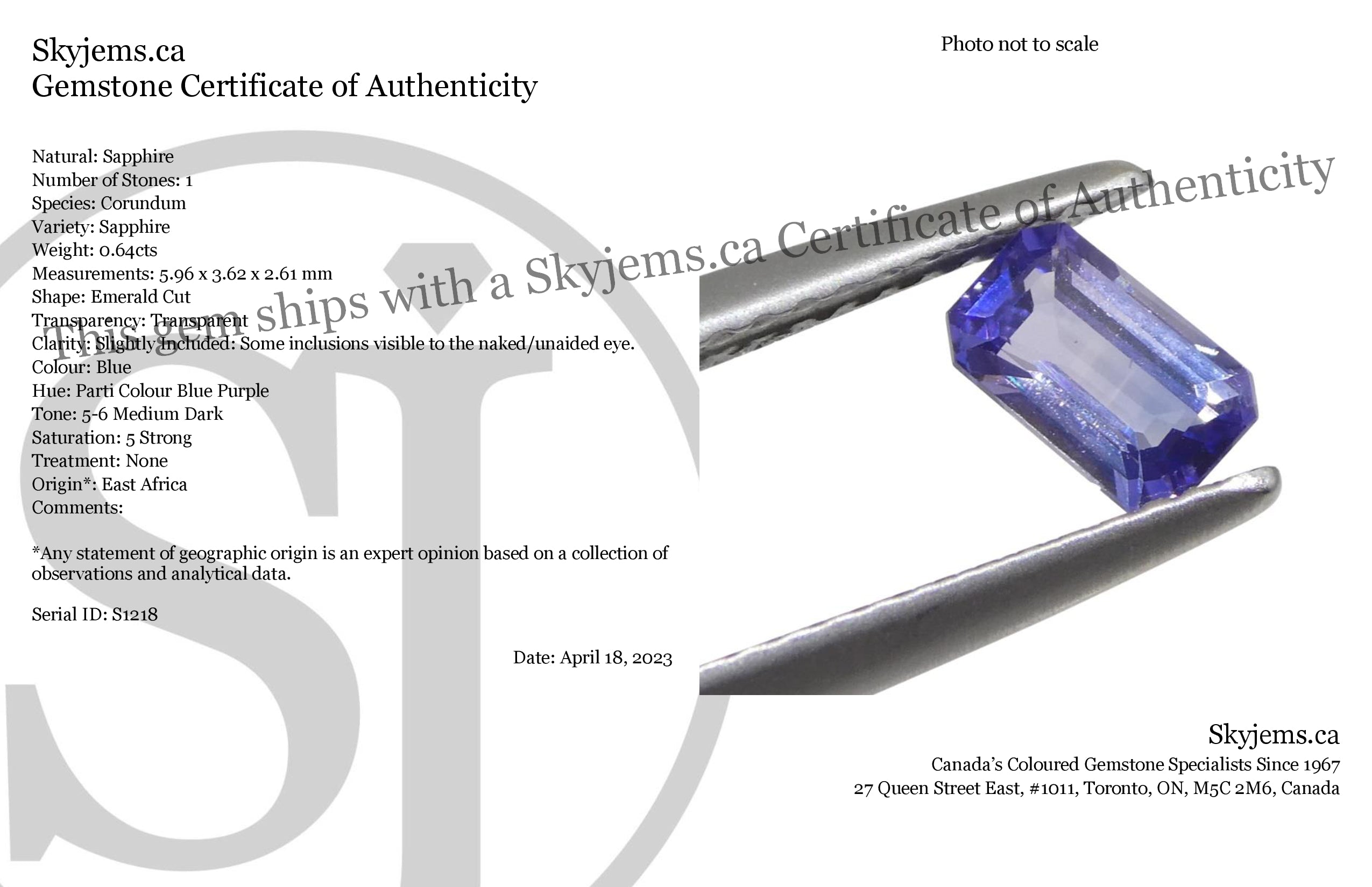 0.64ct Emerald Cut Blue Sapphire from East Africa, Unheated - Skyjems Wholesale Gemstones