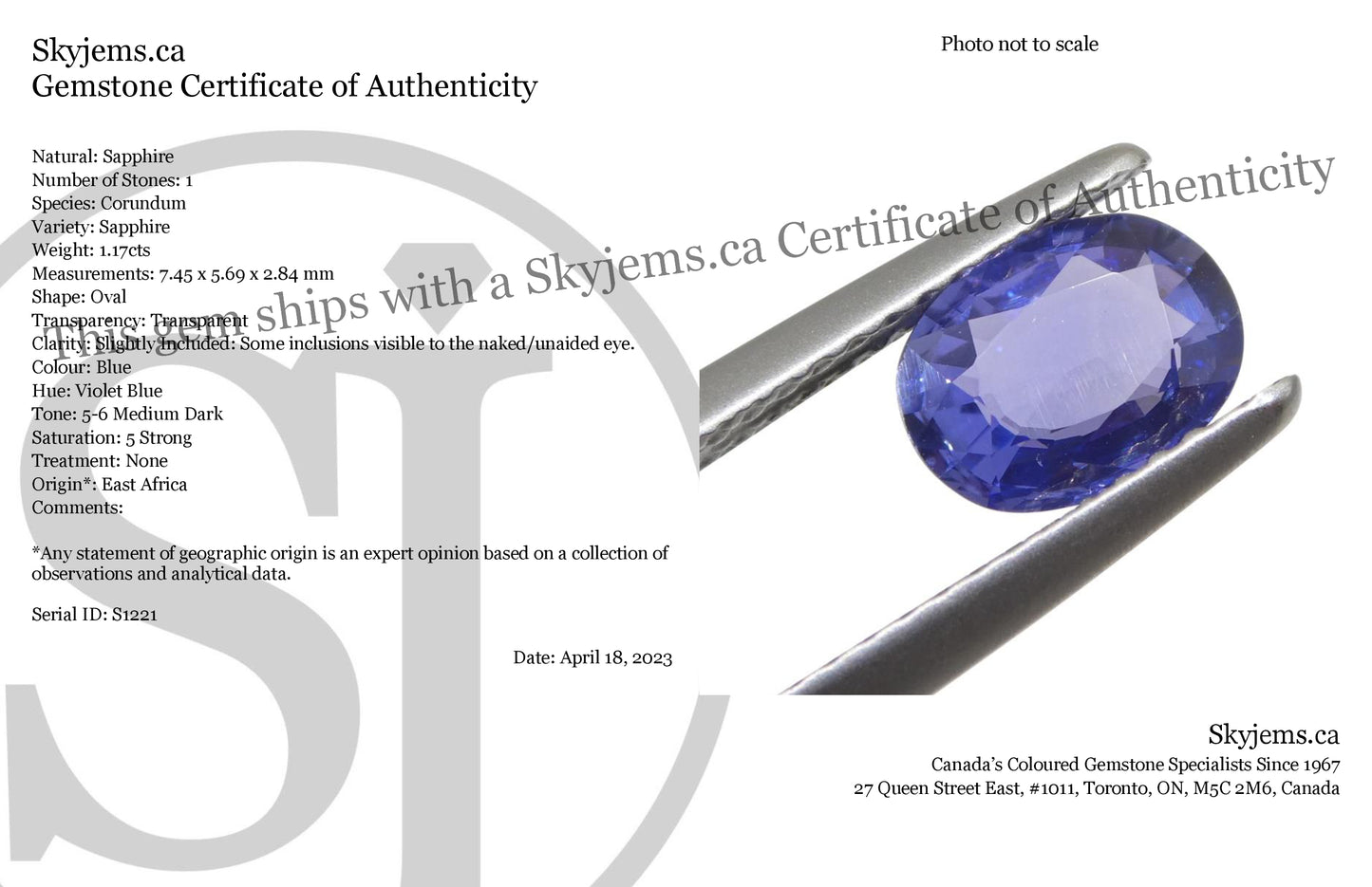 1.17ct Oval Blue Sapphire from East Africa, Unheated - Skyjems Wholesale Gemstones