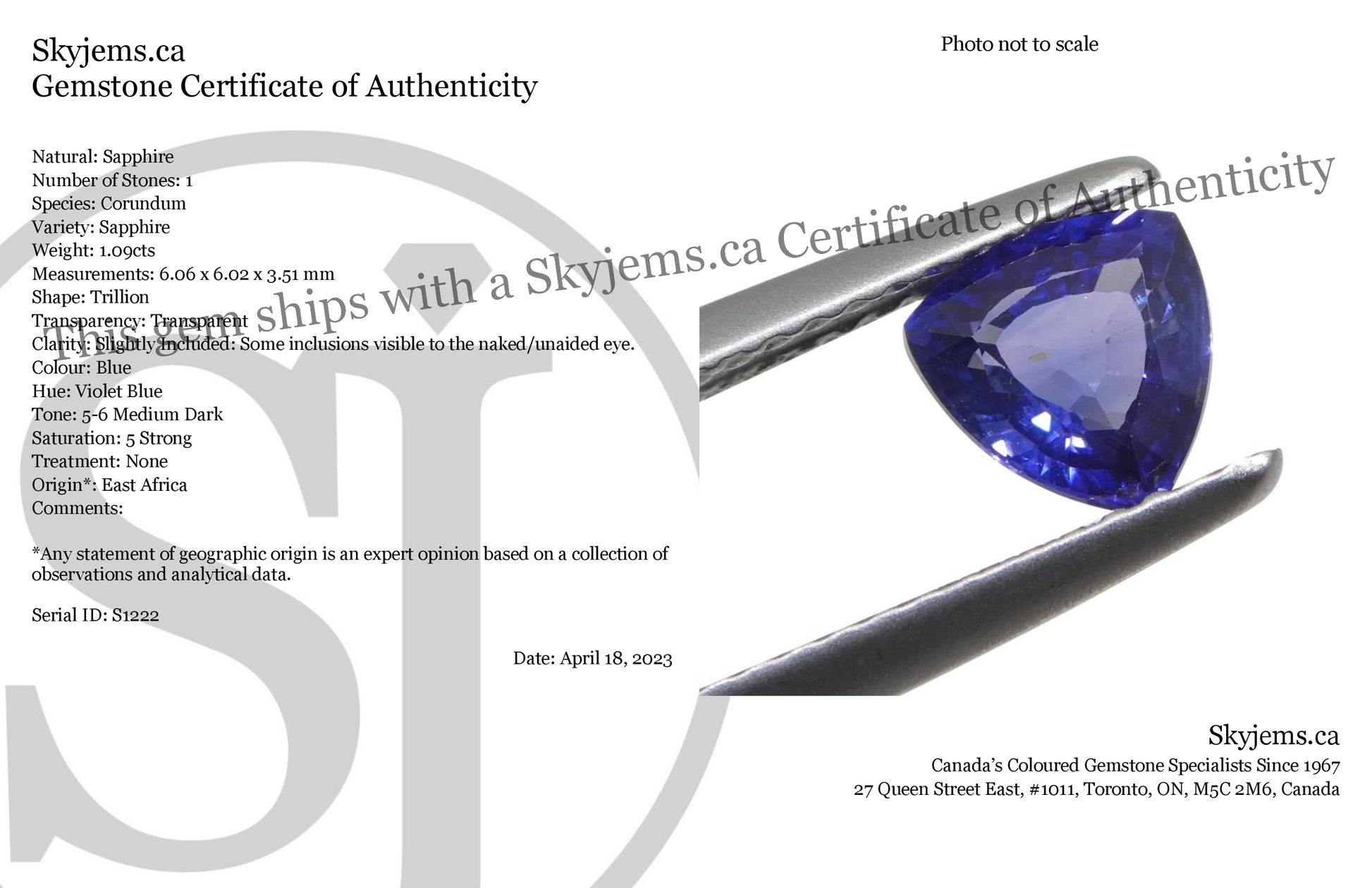 1.09ct Trillion Blue Sapphire from East Africa, Unheated - Skyjems Wholesale Gemstones