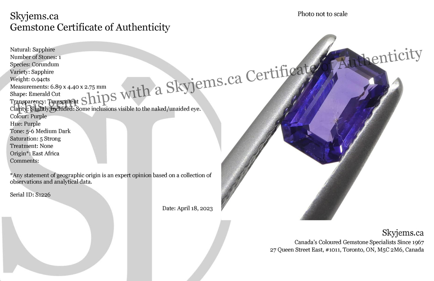 0.94ct Emerald Cut Purple Sapphire from East Africa, Unheated - Skyjems Wholesale Gemstones