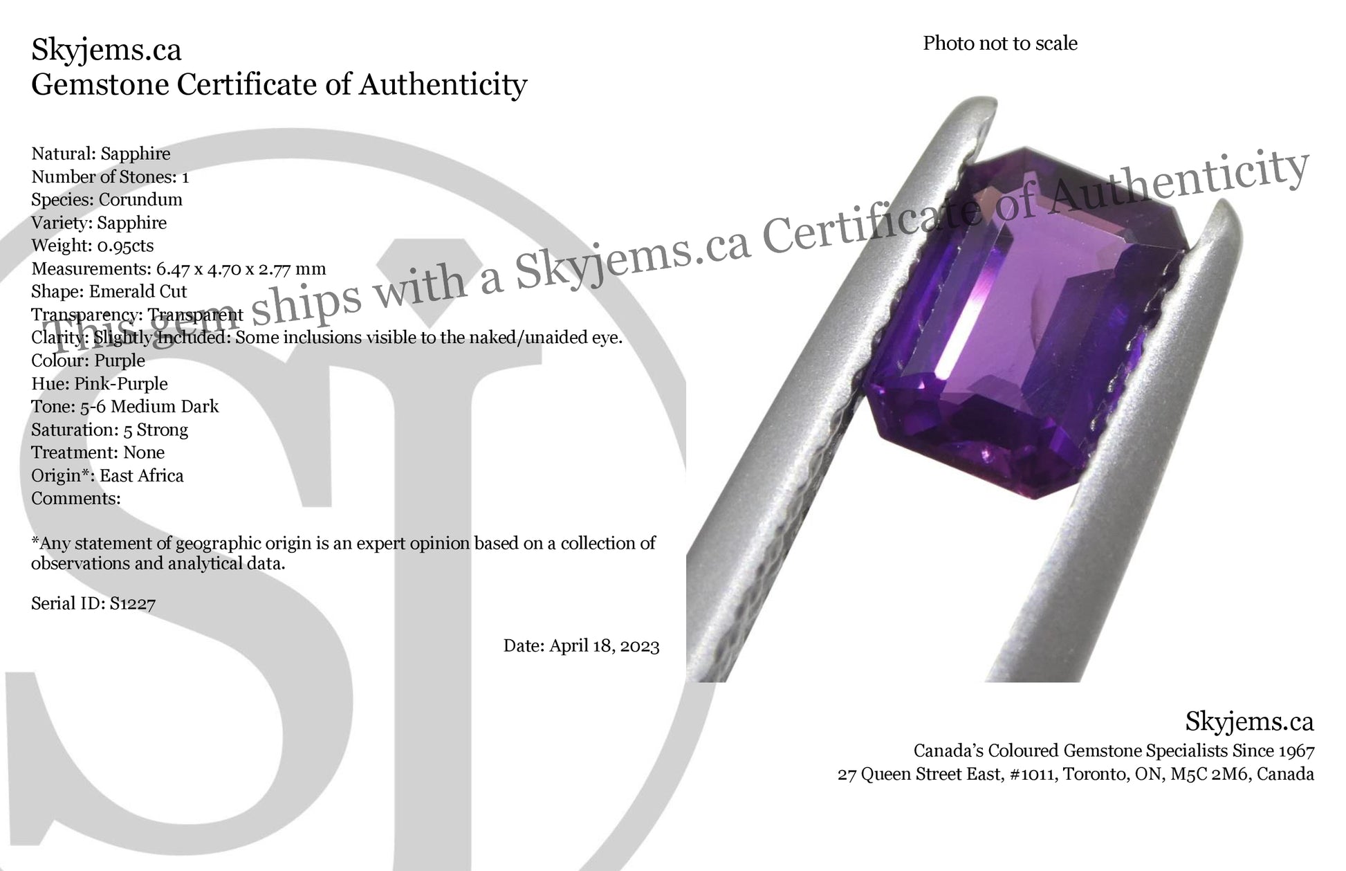 0.95ct Emerald Cut Purple Sapphire from East Africa, Unheated - Skyjems Wholesale Gemstones