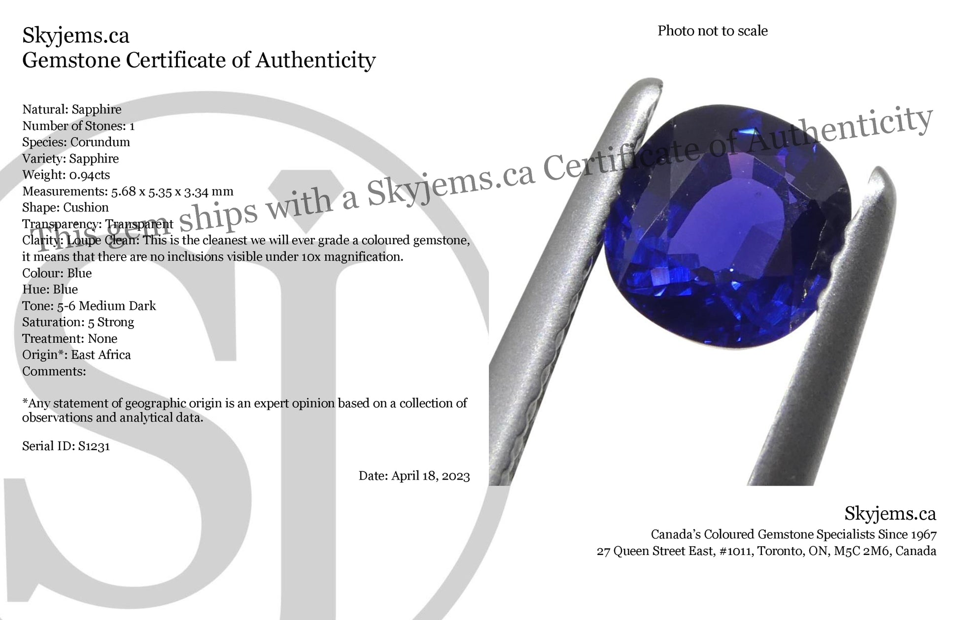 0.94ct Cushion Blue Sapphire from East Africa, Unheated - Skyjems Wholesale Gemstones