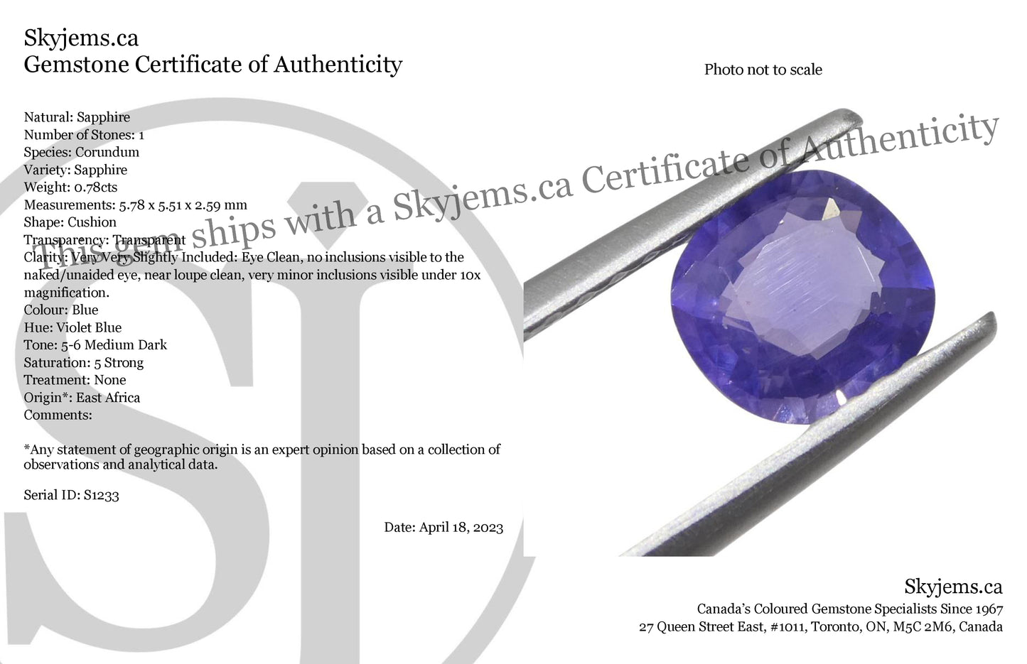 0.78ct Cushion Blue Sapphire from East Africa, Unheated - Skyjems Wholesale Gemstones