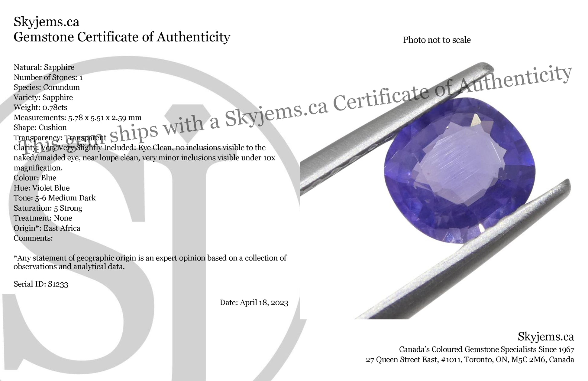 0.78ct Cushion Blue Sapphire from East Africa, Unheated - Skyjems Wholesale Gemstones