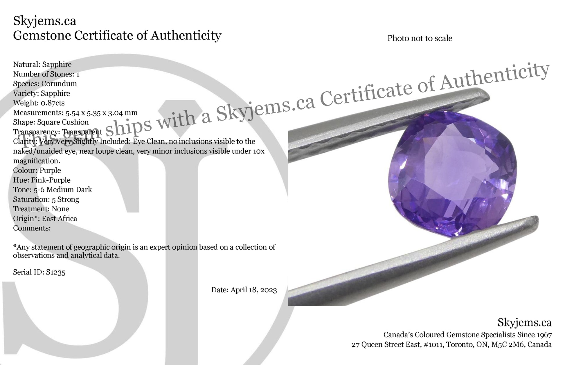 0.87ct Square Cushion Purple  Sapphire from East Africa, Unheated - Skyjems Wholesale Gemstones