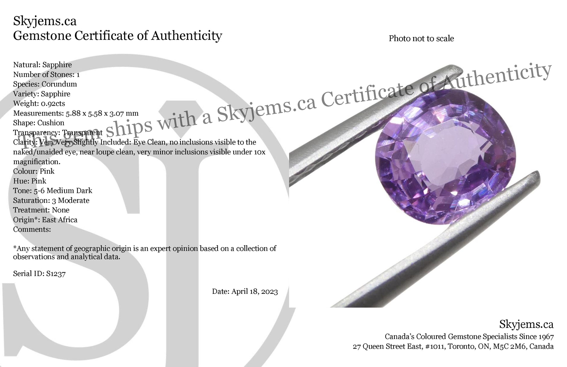 0.92ct Cushion Pink Sapphire from East Africa, Unheated - Skyjems Wholesale Gemstones