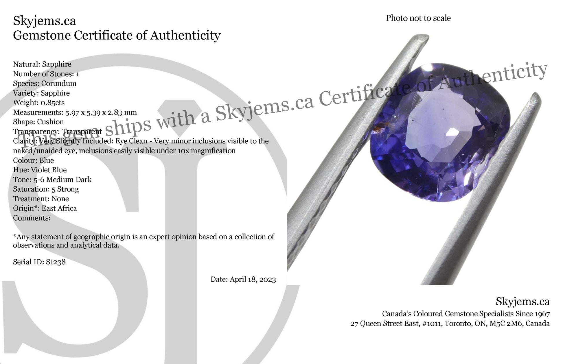 0.85ct Cushion Blue Sapphire from East Africa, Unheated - Skyjems Wholesale Gemstones