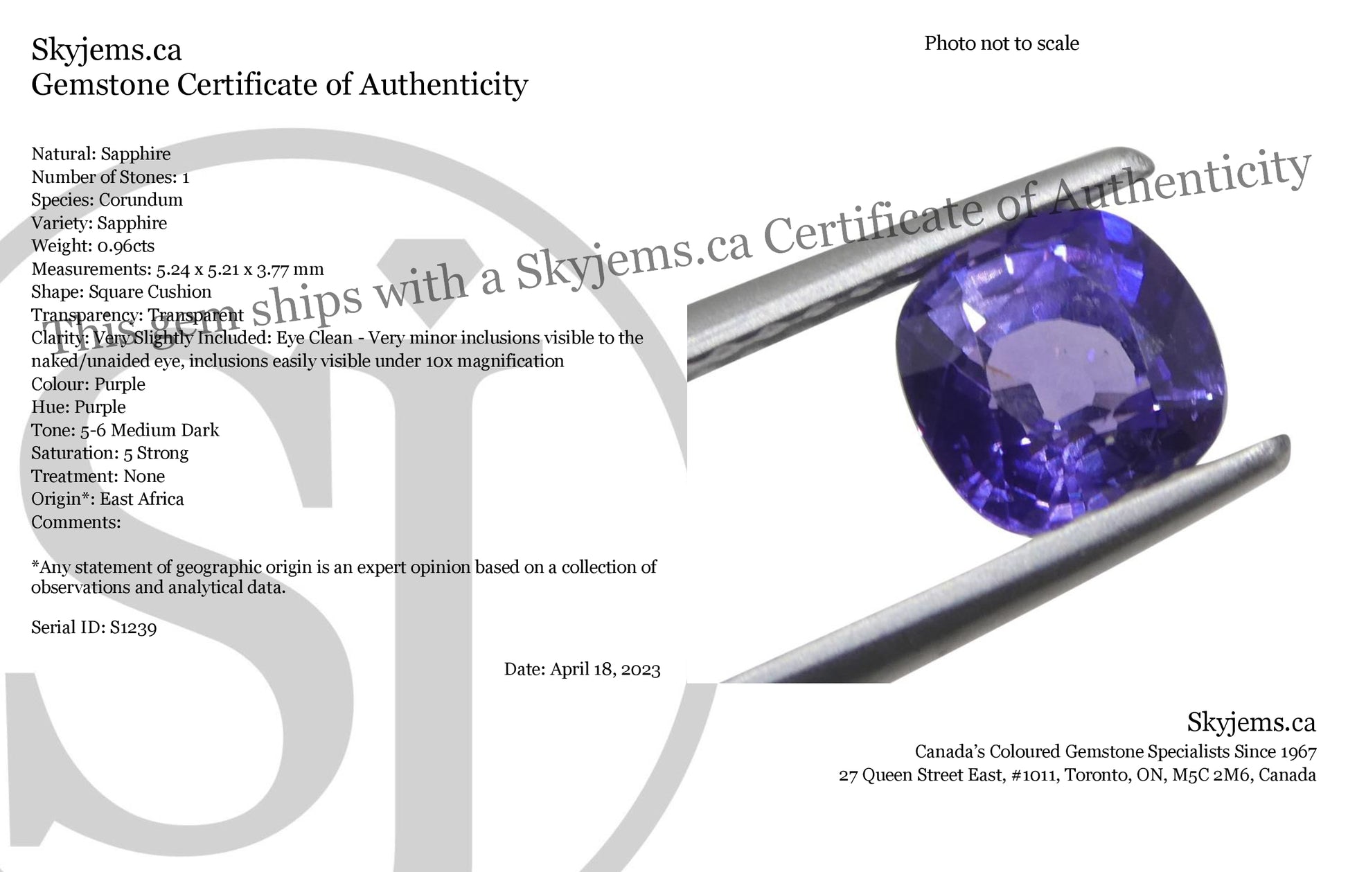 0.96ct Square Cushion Purple Sapphire from East Africa, Unheated - Skyjems Wholesale Gemstones