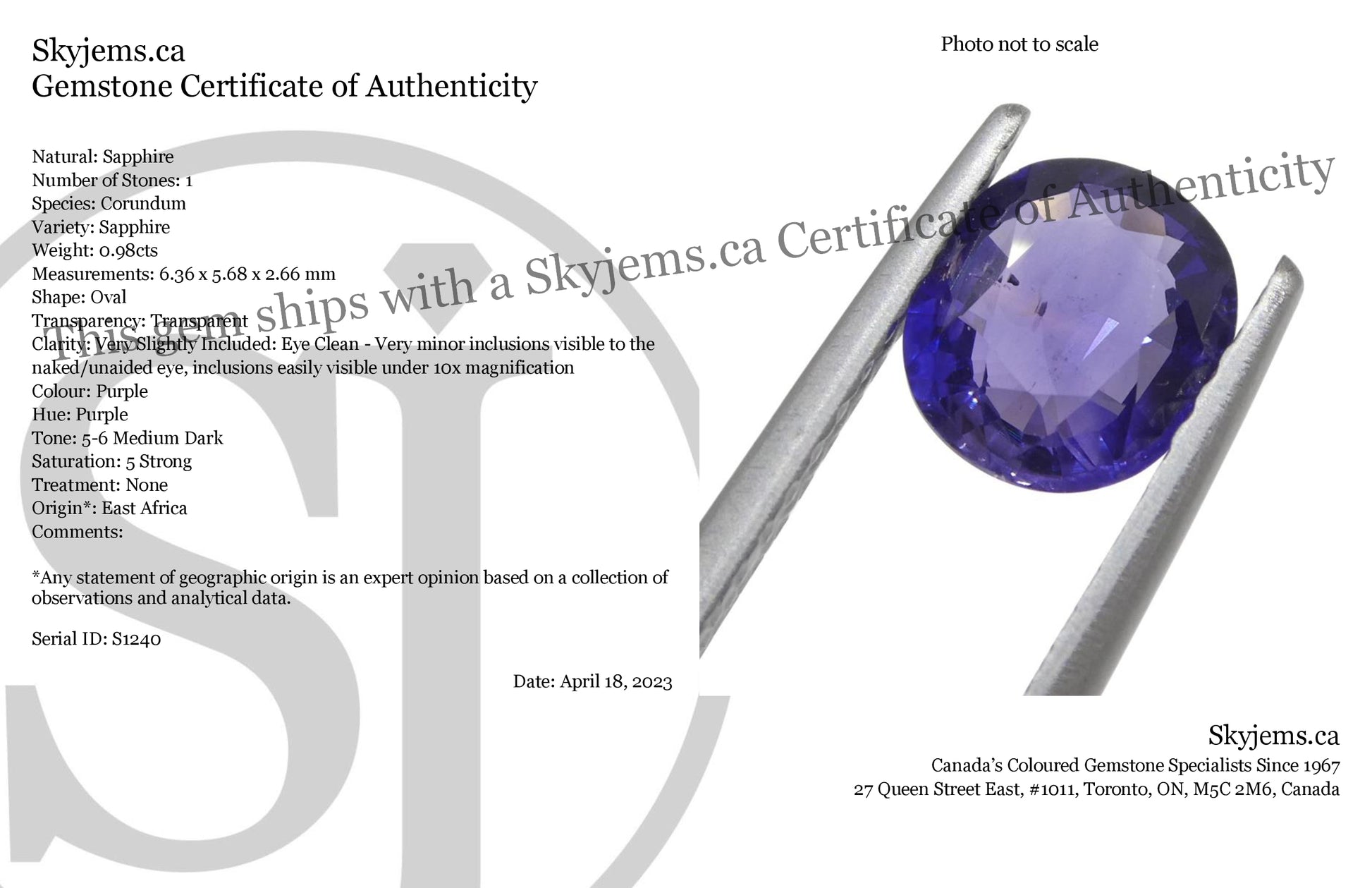 0.98ct Oval Purple Sapphire from East Africa, Unheated - Skyjems Wholesale Gemstones