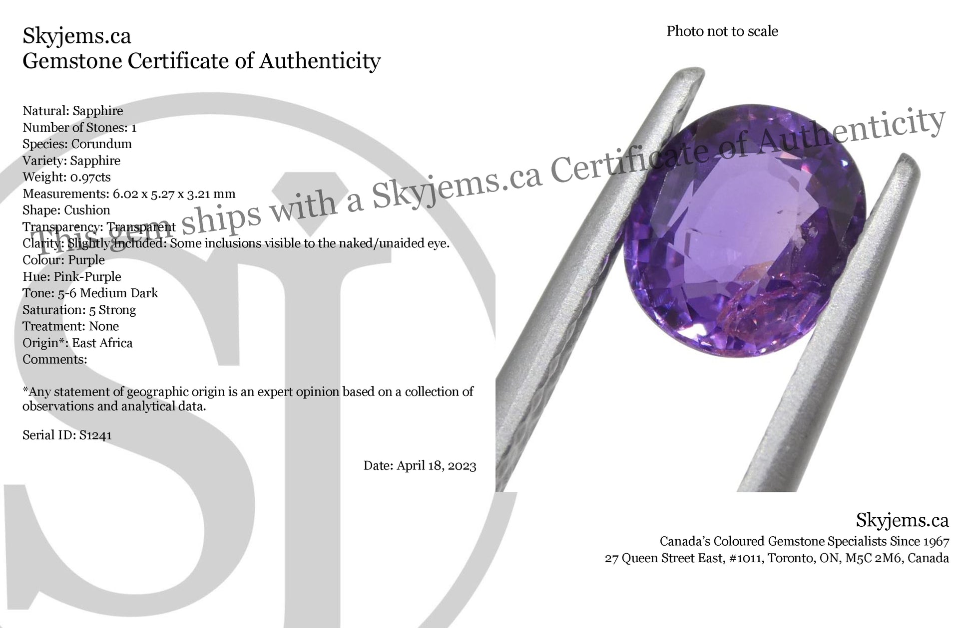 0.97ct Cushion Purple  Sapphire from East Africa, Unheated - Skyjems Wholesale Gemstones