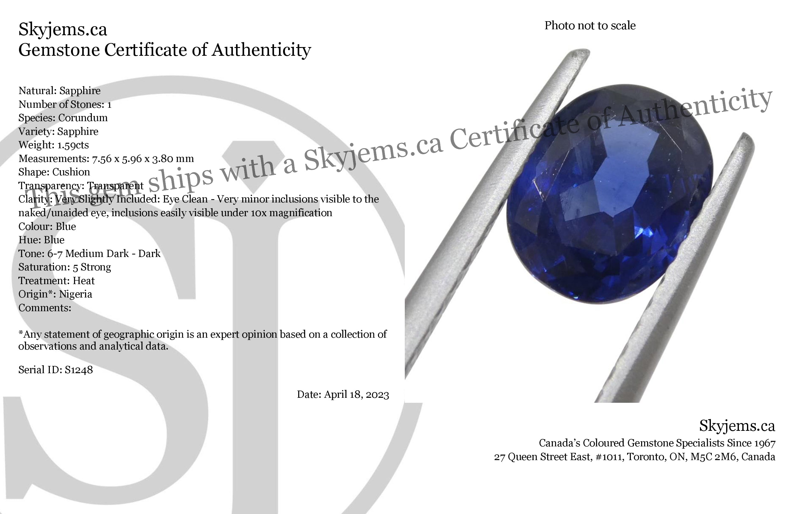 1.59ct Nigerian Blue Cushion Sapphire, premium heated gemstone from SkyJems Canadian gem specialists