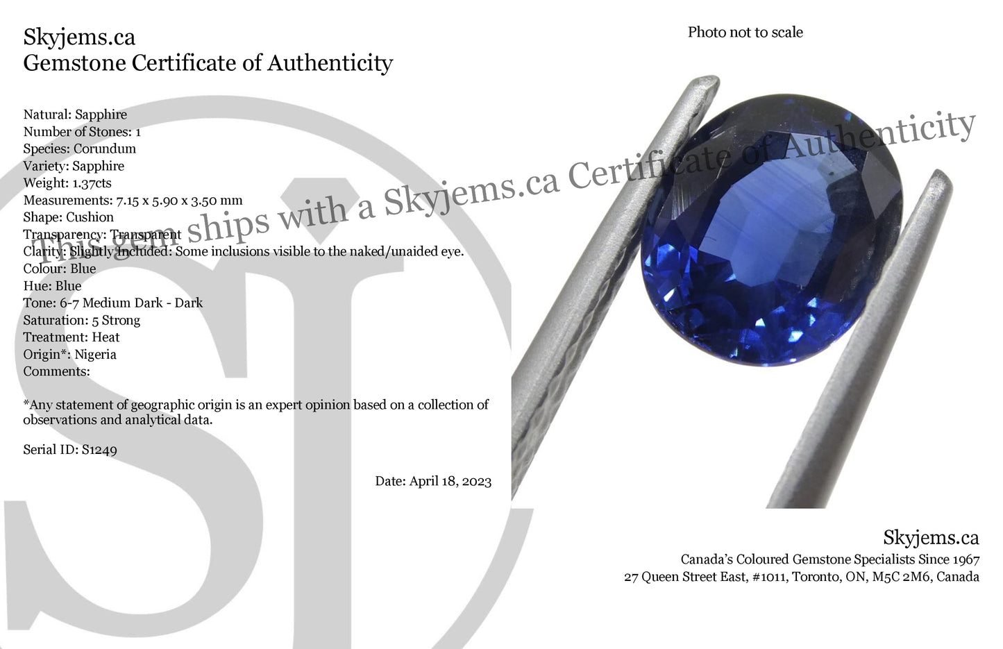 1.37ct Cushion Blue Sapphire from Nigeria - Skyjems Wholesale Gemstones