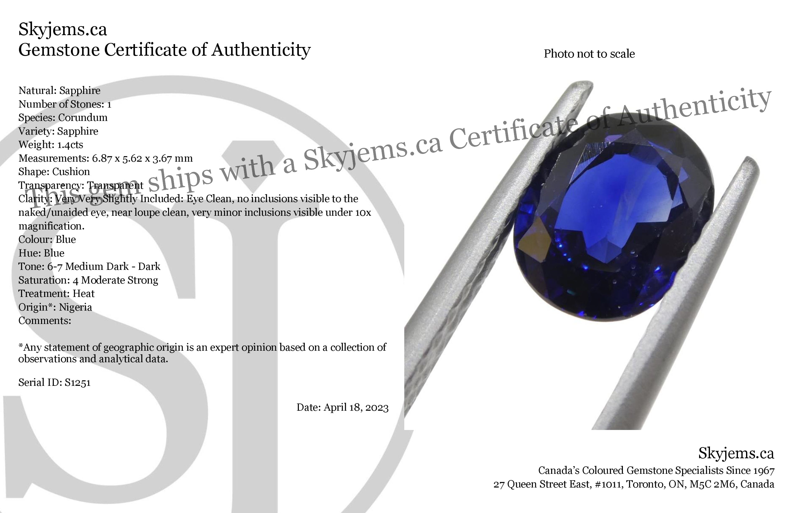 1.4ct Nigerian Blue Sapphire Cushion Cut, Heated Corundum Gemstone by SkyJems Canada