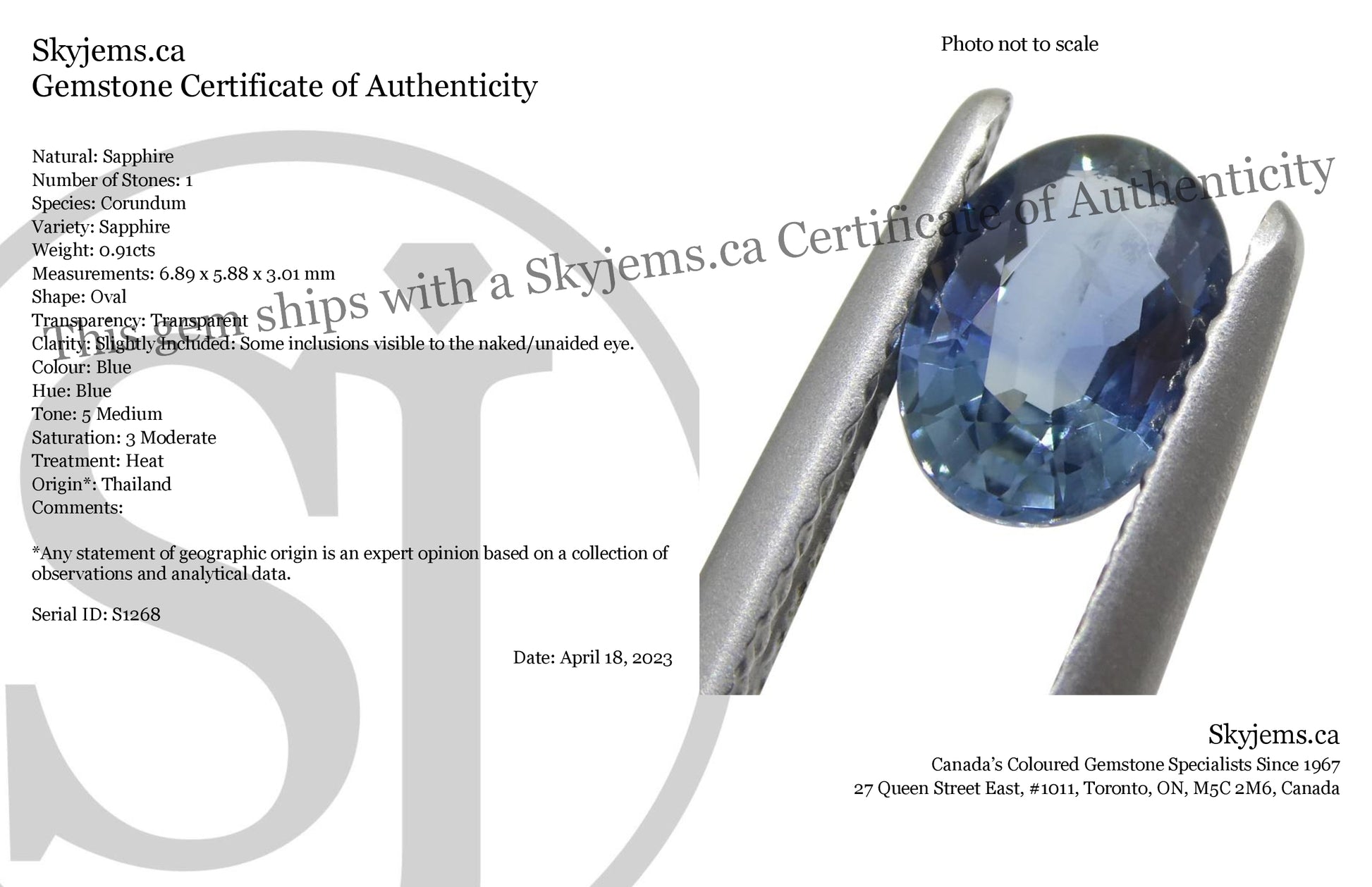 0.91ct Oval Blue Sapphire from Thailand - Skyjems Wholesale Gemstones