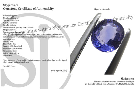 0.89ct Cushion Blue Sapphire from East Africa, Unheated
