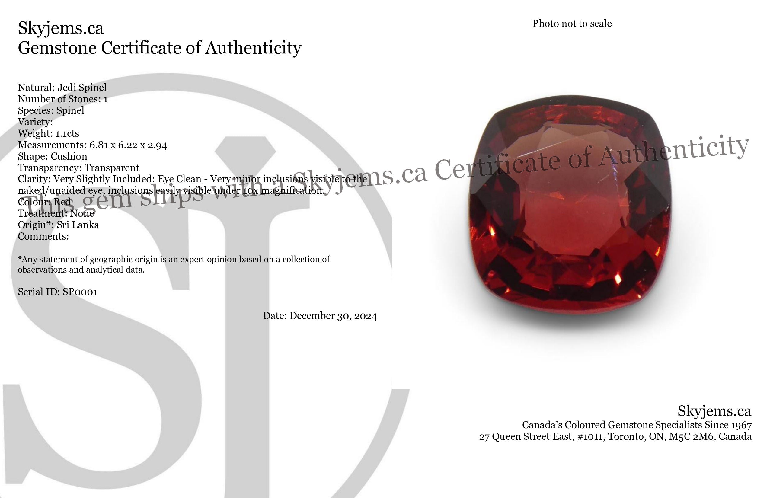 1.1ct Cushion Red Jedi Spinel from Sri Lanka, rare gem by SkyJems, premium red gemstone with exceptional color and clarity