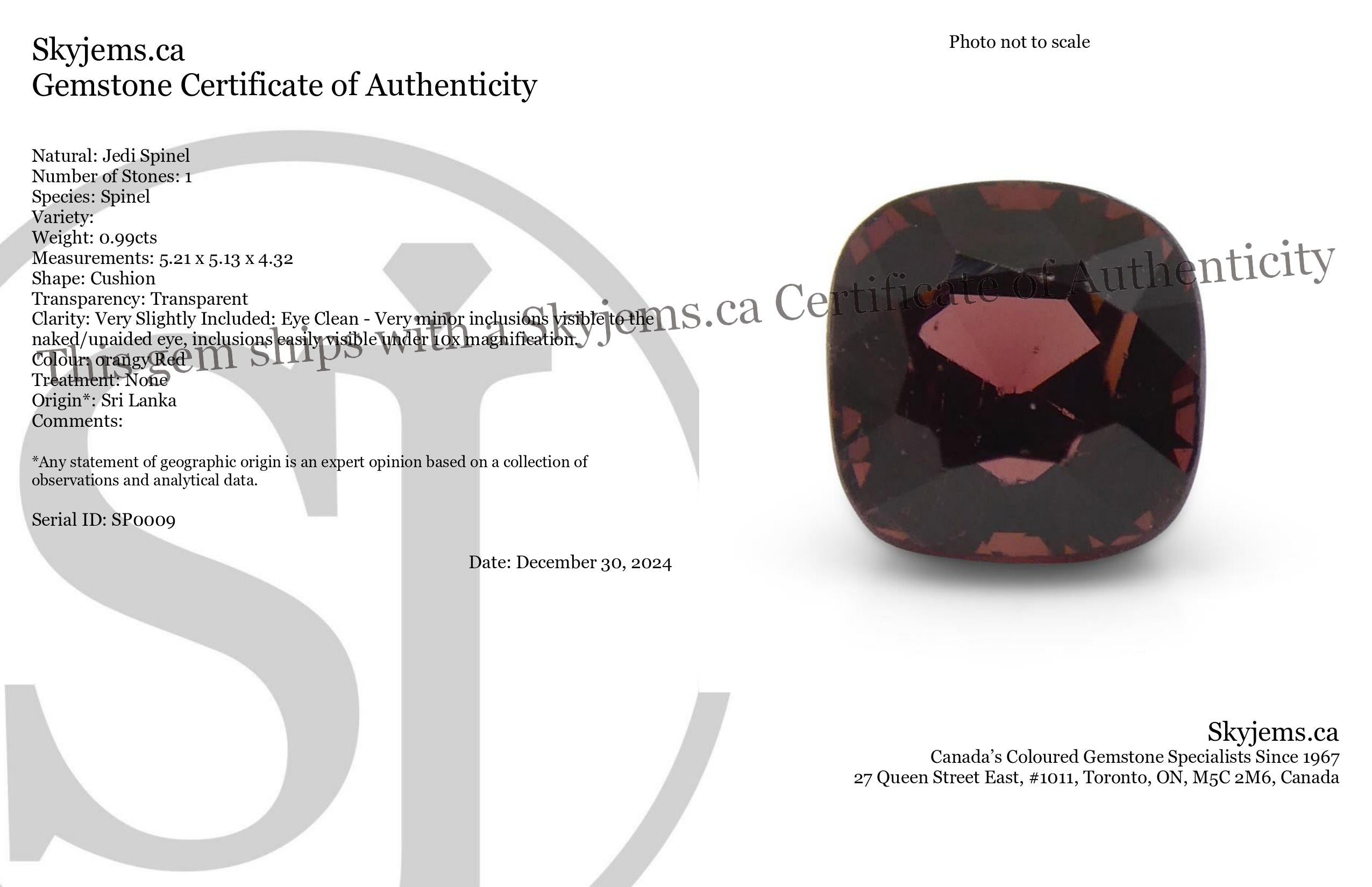 0.99ct Cushion Red Jedi Spinel from Sri Lanka - Skyjems Wholesale Gemstones