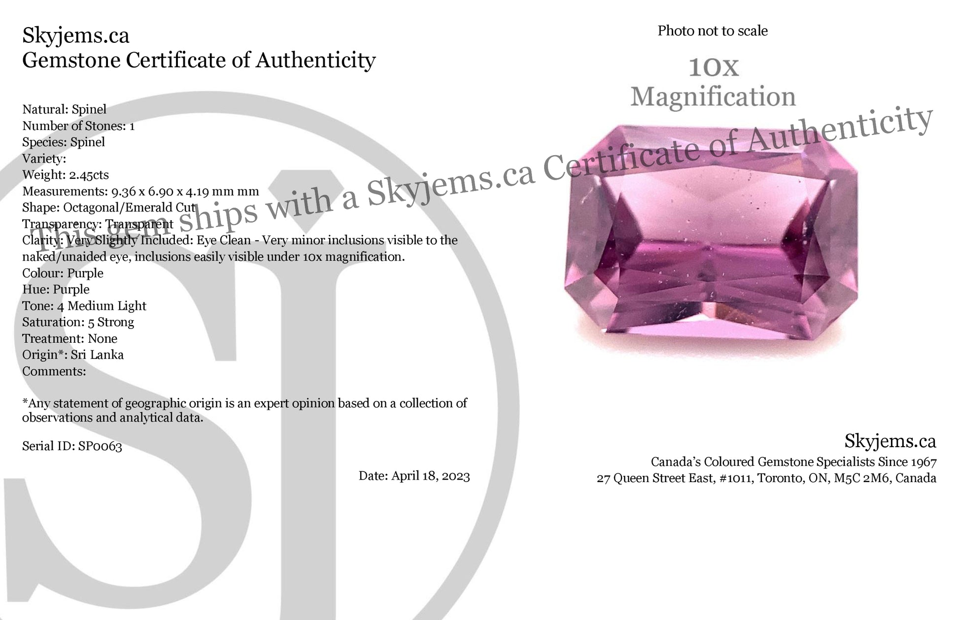 2.45ct Radiant Purple Spinel from Sri Lanka Unheated - Skyjems Wholesale Gemstones