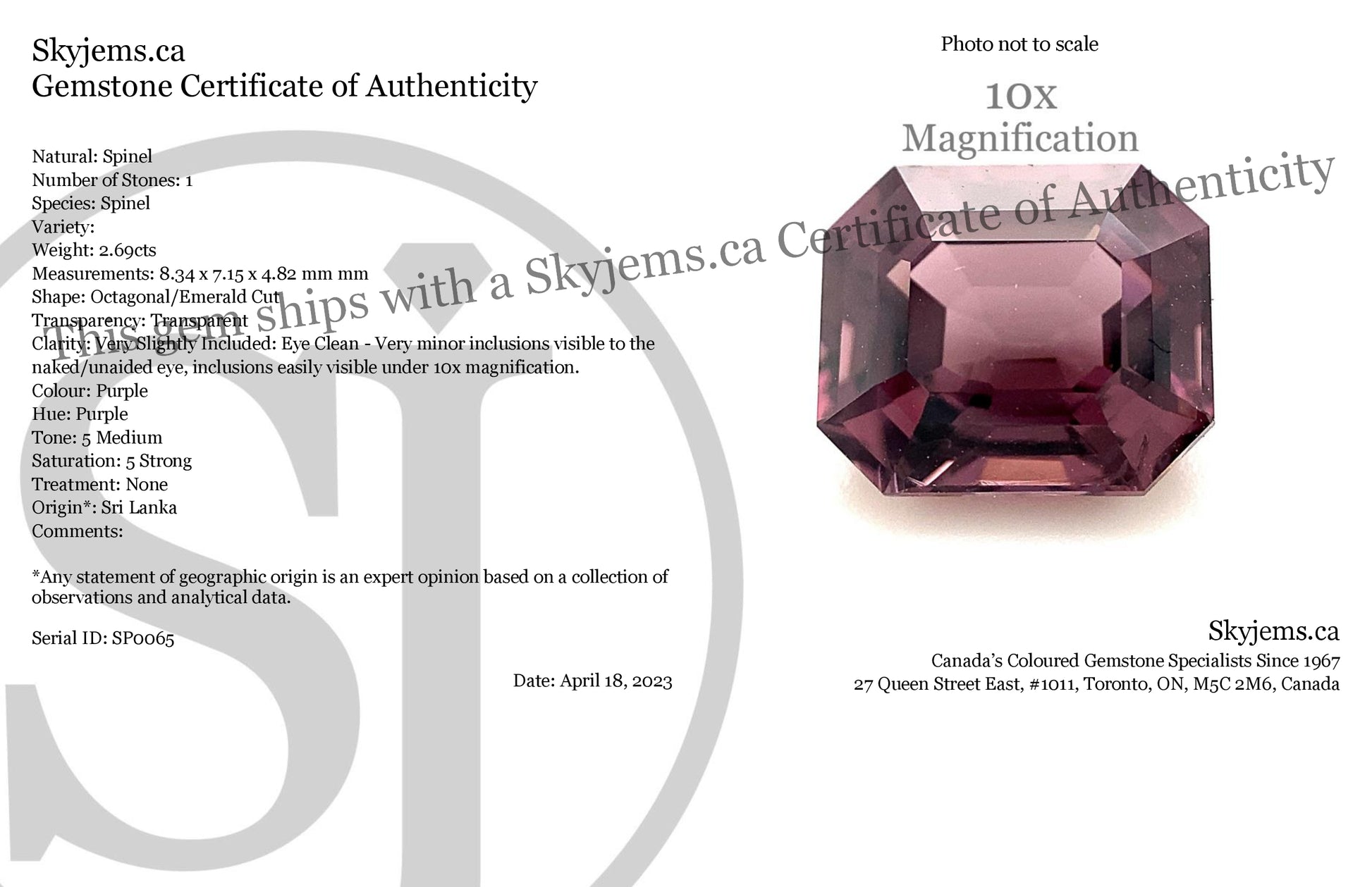 2.69ct Octagonal/Emerald Cut Purple Spinel from Sri Lanka Unheated - Skyjems Wholesale Gemstones