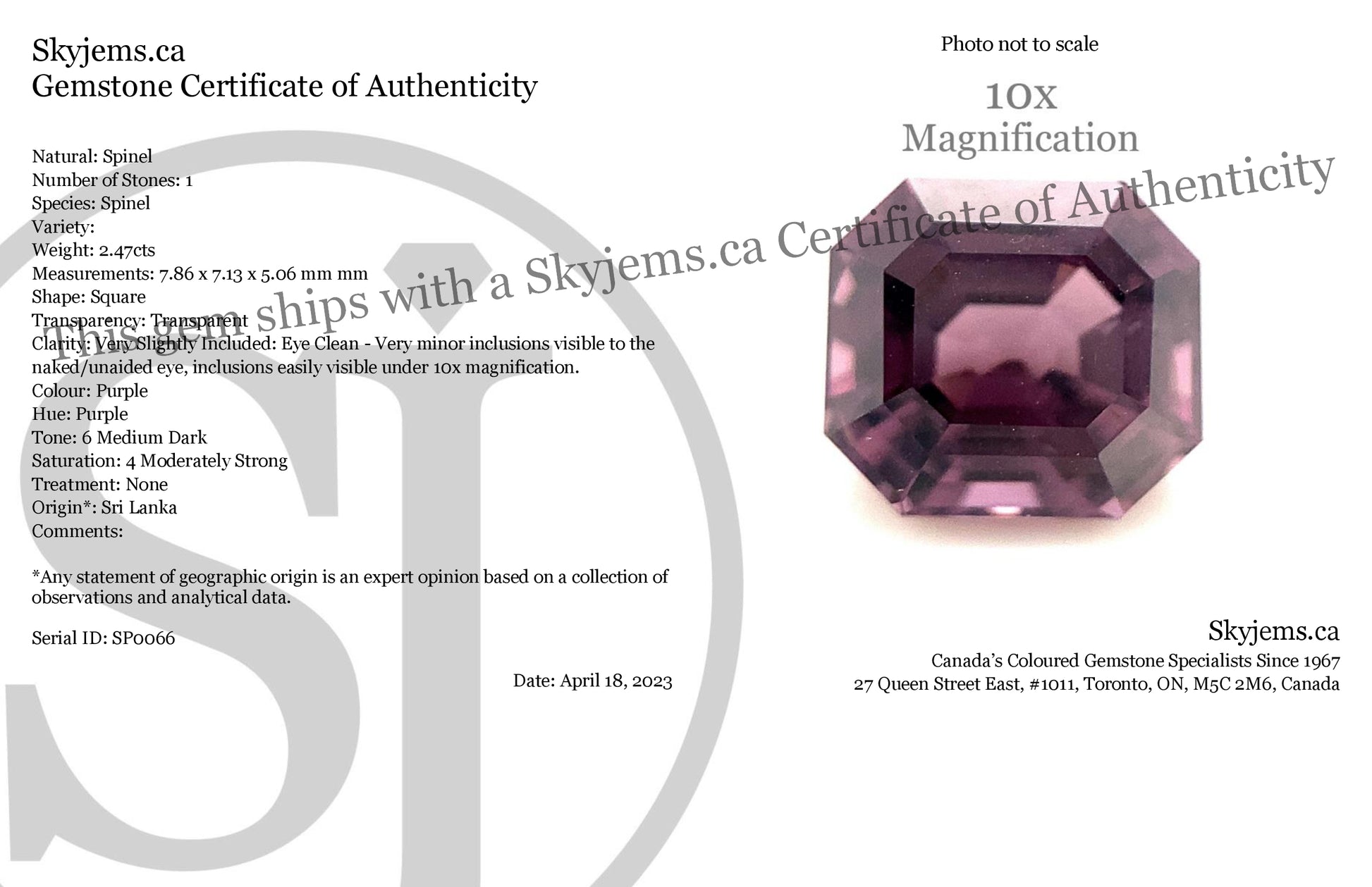 2.47ct Square Purple Spinel from Sri Lanka Unheated - Skyjems Wholesale Gemstones