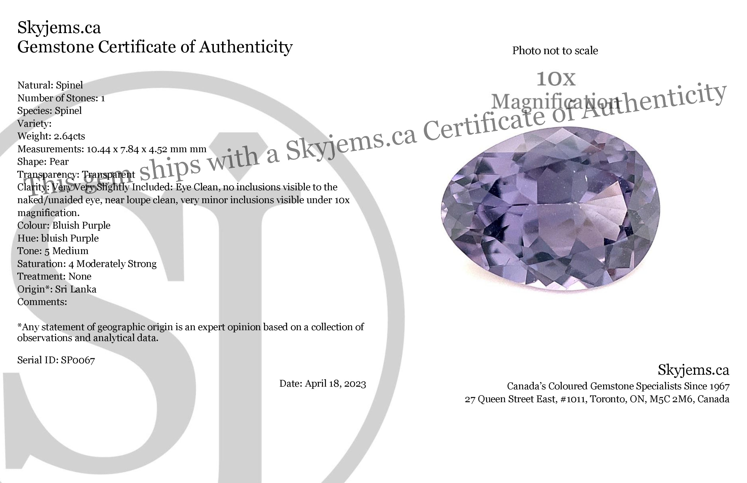2.64ct Bluish Purple Pear Spinel from Sri Lanka, unheated natural gemstone by SkyJems Canadian gem specialists