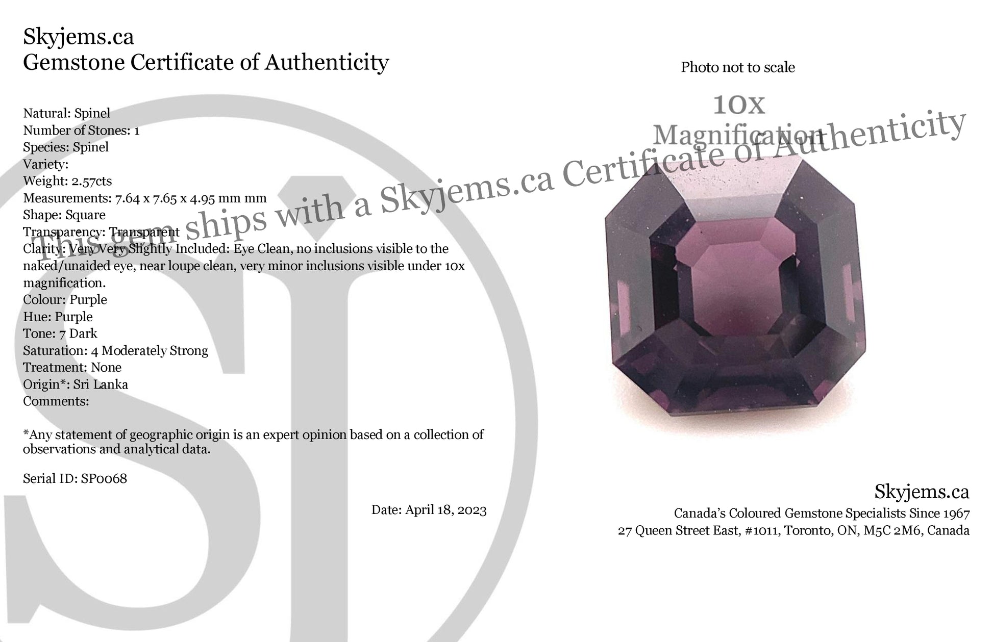 2.57ct Square Purple Spinel from Sri Lanka Unheated - Skyjems Wholesale Gemstones