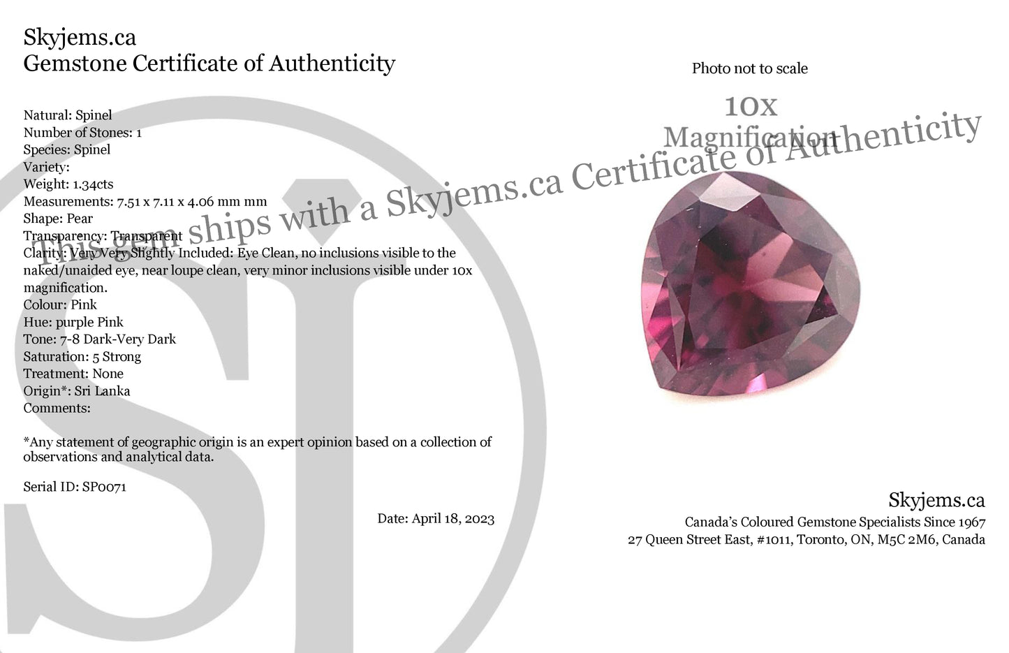 1.34ct Pear Purplish Pink Spinel from Sri Lanka Unheated - Skyjems Wholesale Gemstones