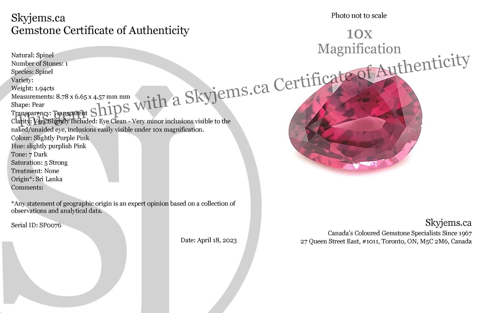 1.94ct Pear Pink Spinel from Sri Lanka Unheated - Skyjems Wholesale Gemstones