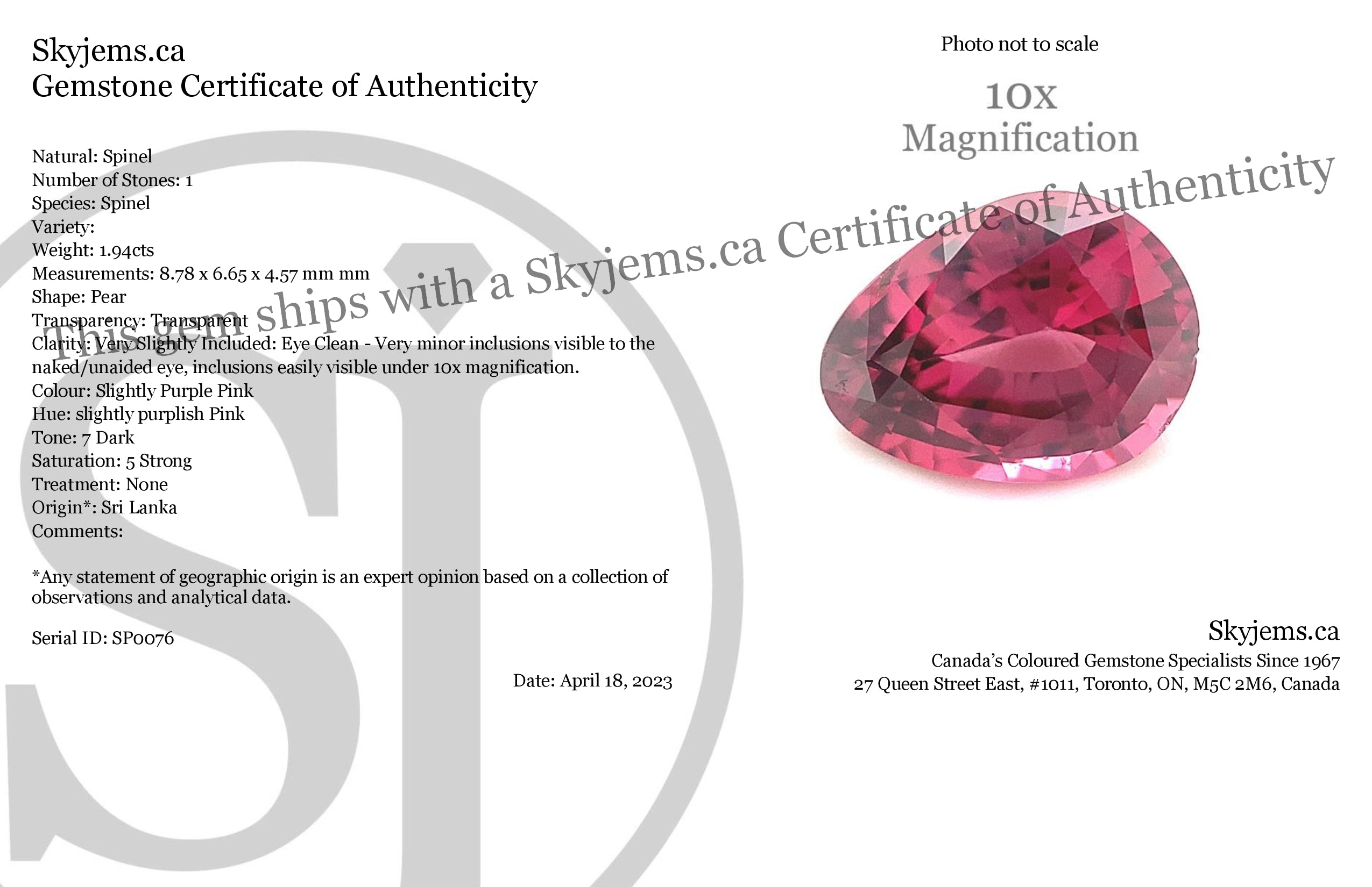 1.94ct Pear Pink Spinel from Sri Lanka, unheated gemstone by SkyJems - rare, slightly purplish pink precious stone