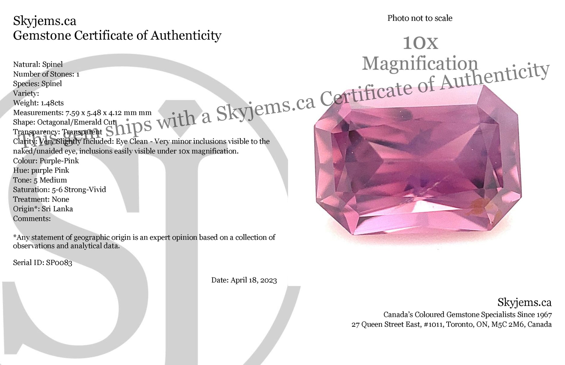 1.48ct Octagonal/Emerald Cut Purple-Pink Spinel from Sri Lanka Unheated - Skyjems Wholesale Gemstones