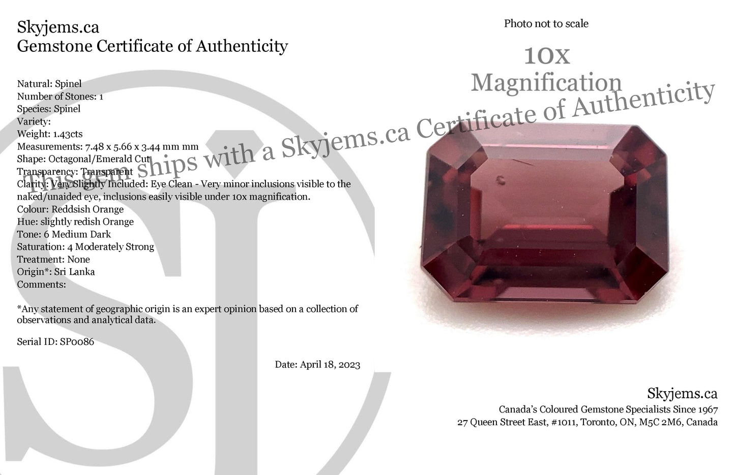 1.43ct Octagonal/Emerald Cut Reddish Orange Spinel from Sri Lanka Unheated - Skyjems Wholesale Gemstones