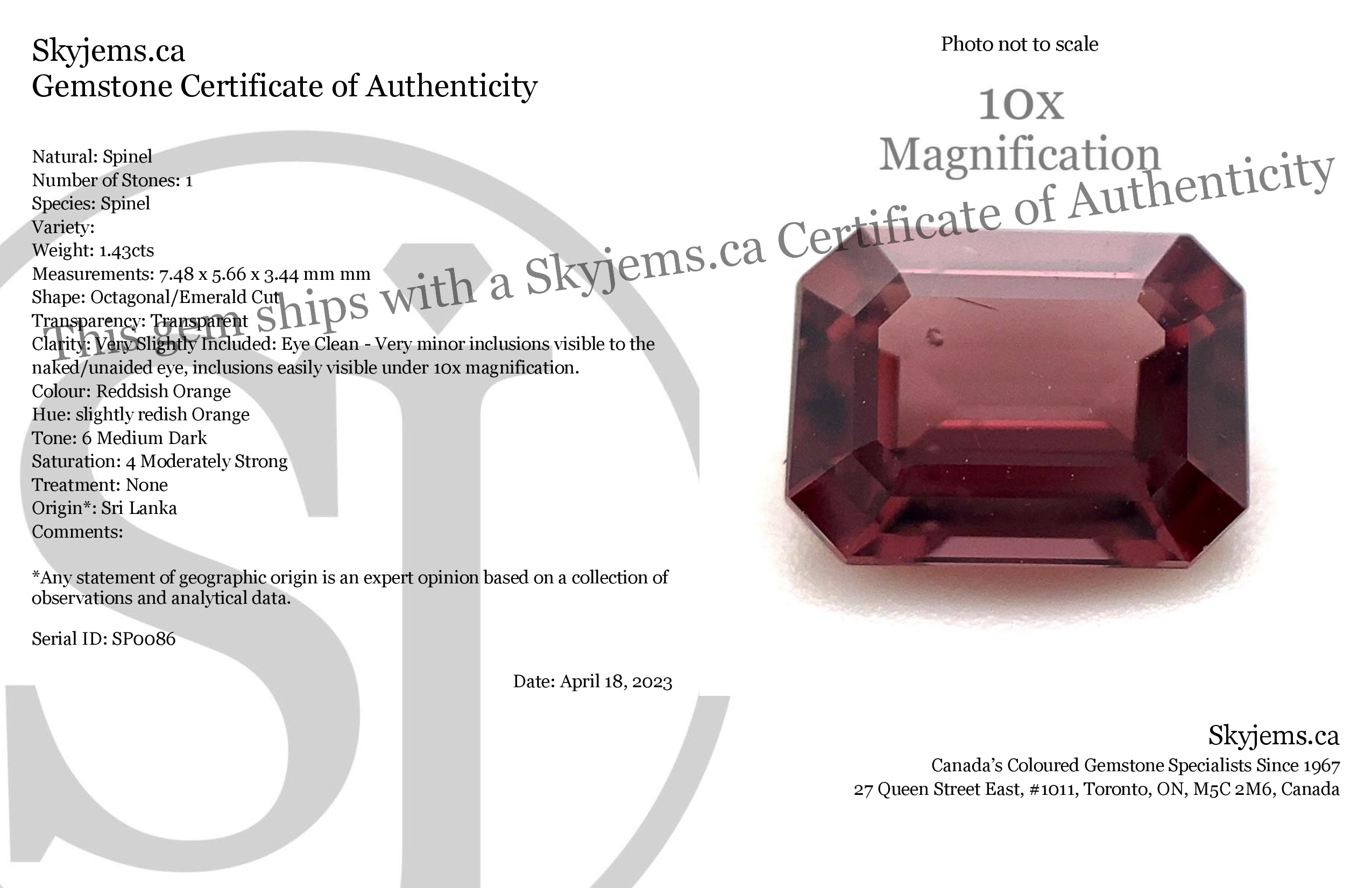1.43ct Octagonal/Emerald Cut Reddish Orange Spinel from Sri Lanka Unheated - Skyjems Wholesale Gemstones