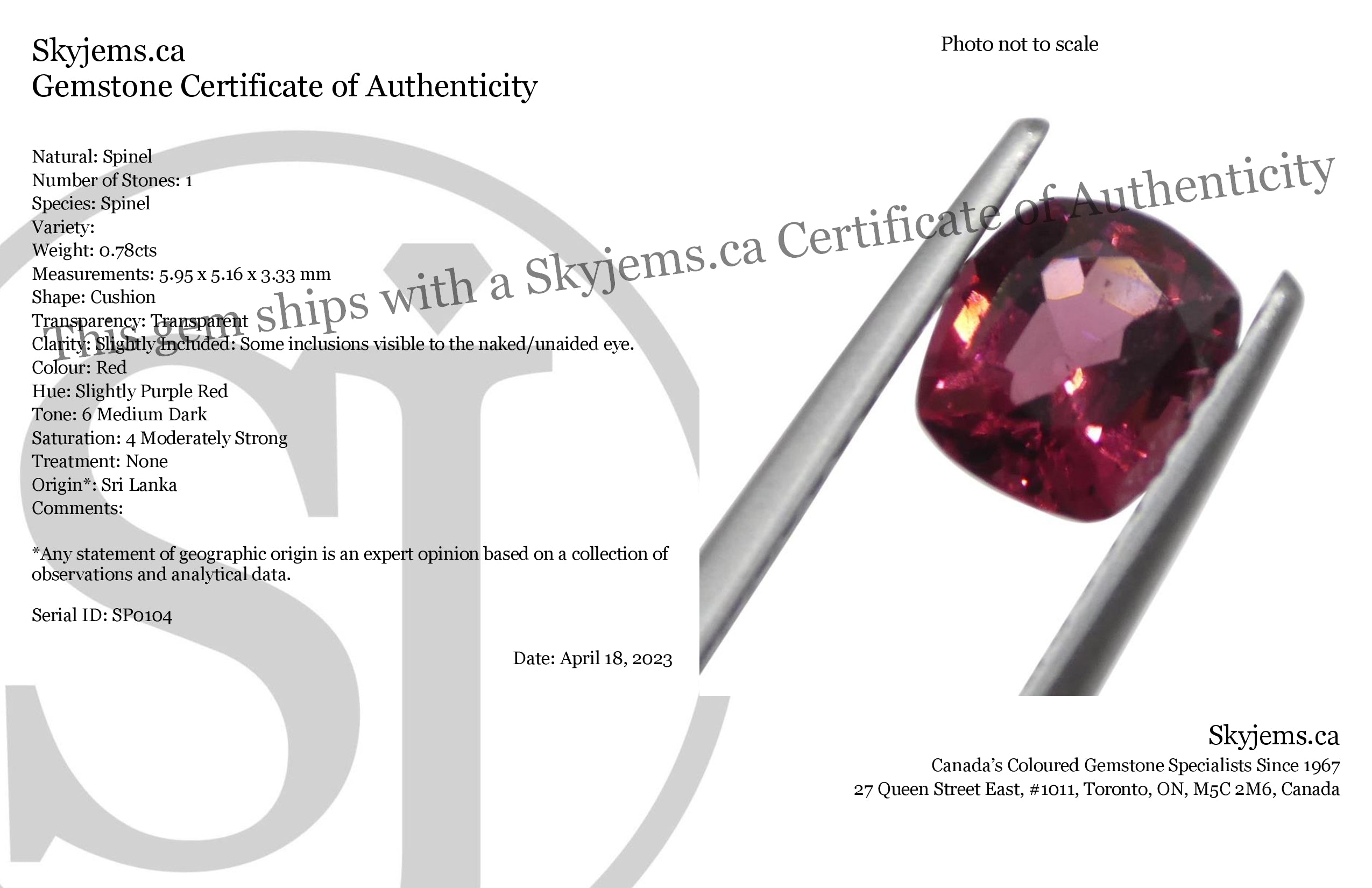 0.78ct Slightly Purple Red Cushion Spinel from Sri Lanka, precision-cut gemstone by SkyJems Canadian gem specialists